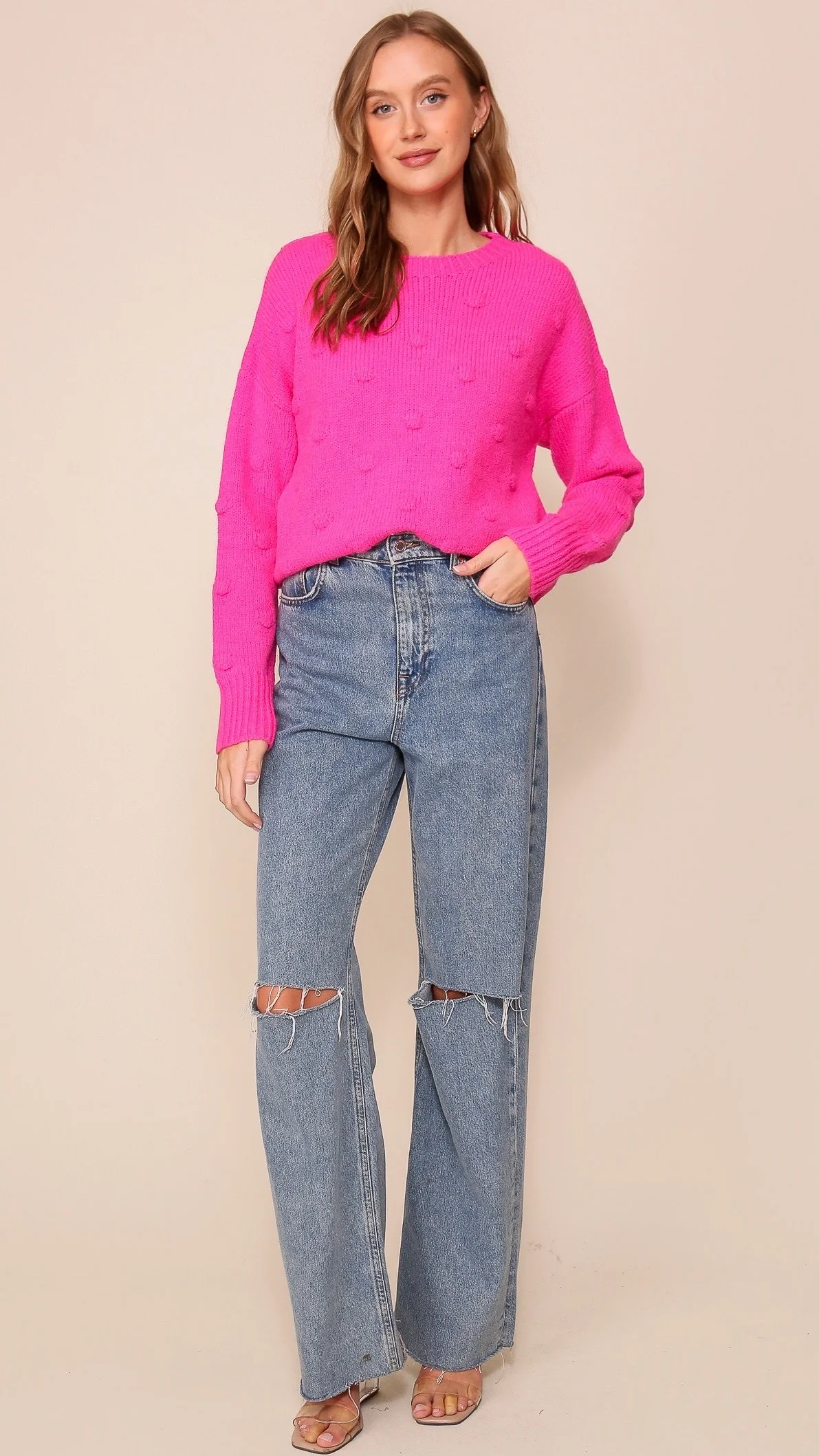 3D Dotty Knit Crew Hot Pink