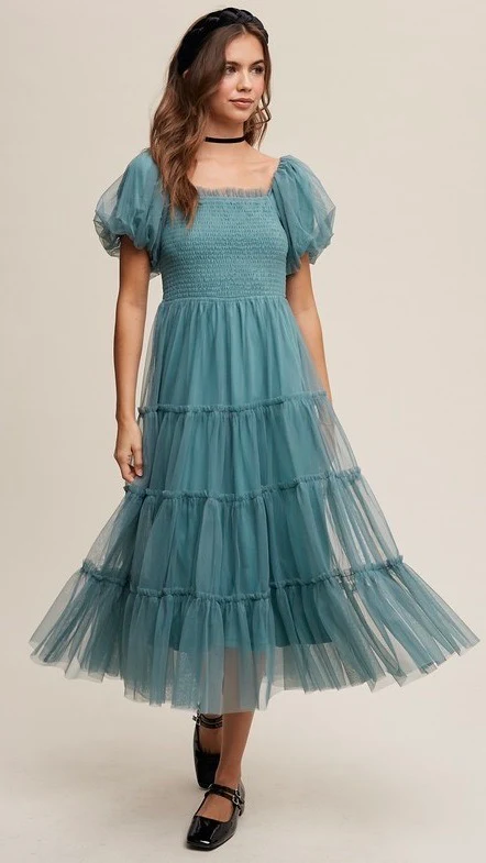 Penelope Tulle Puff Sleeve Dress Sage