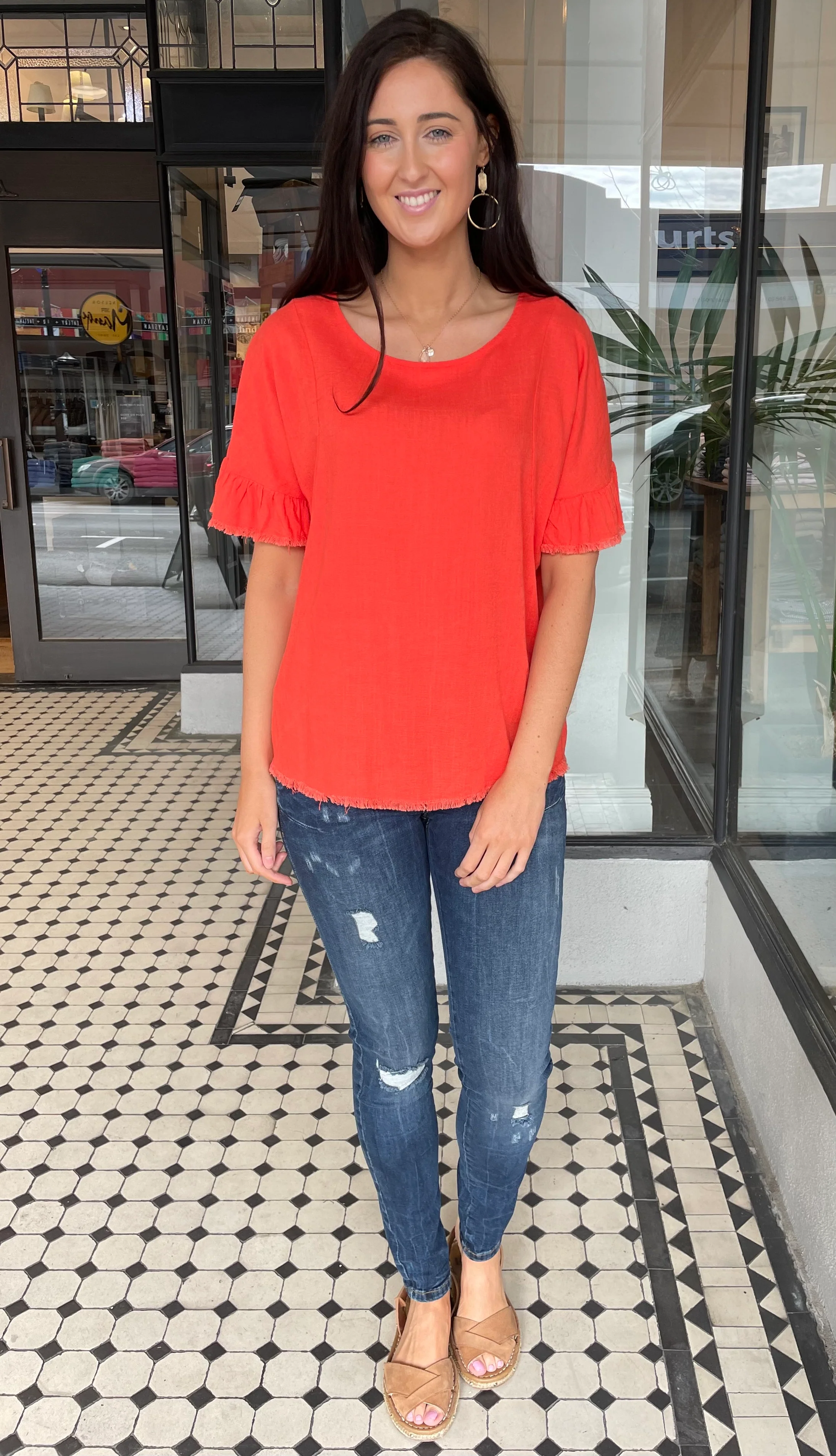 Jada Cut Out Back Linen Top Tangerine