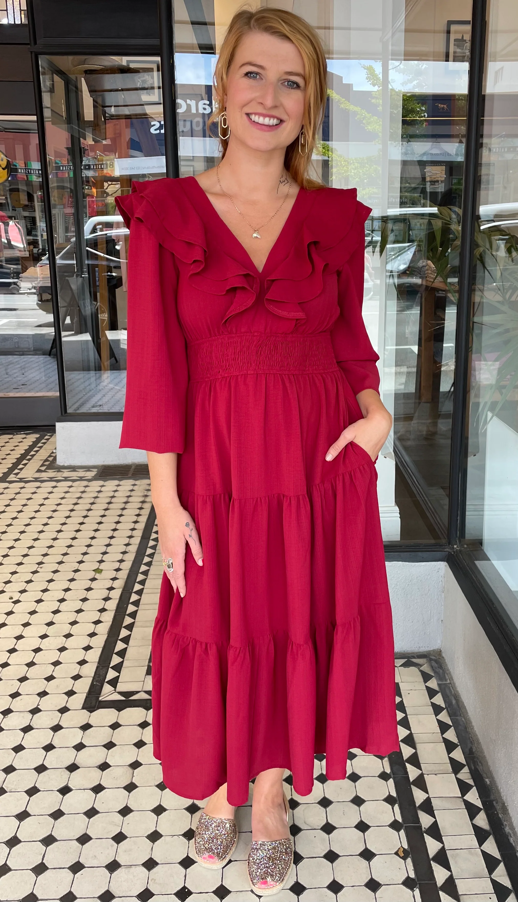 Valerie Double Ruffle Deep V Neck Dress Ruby Red