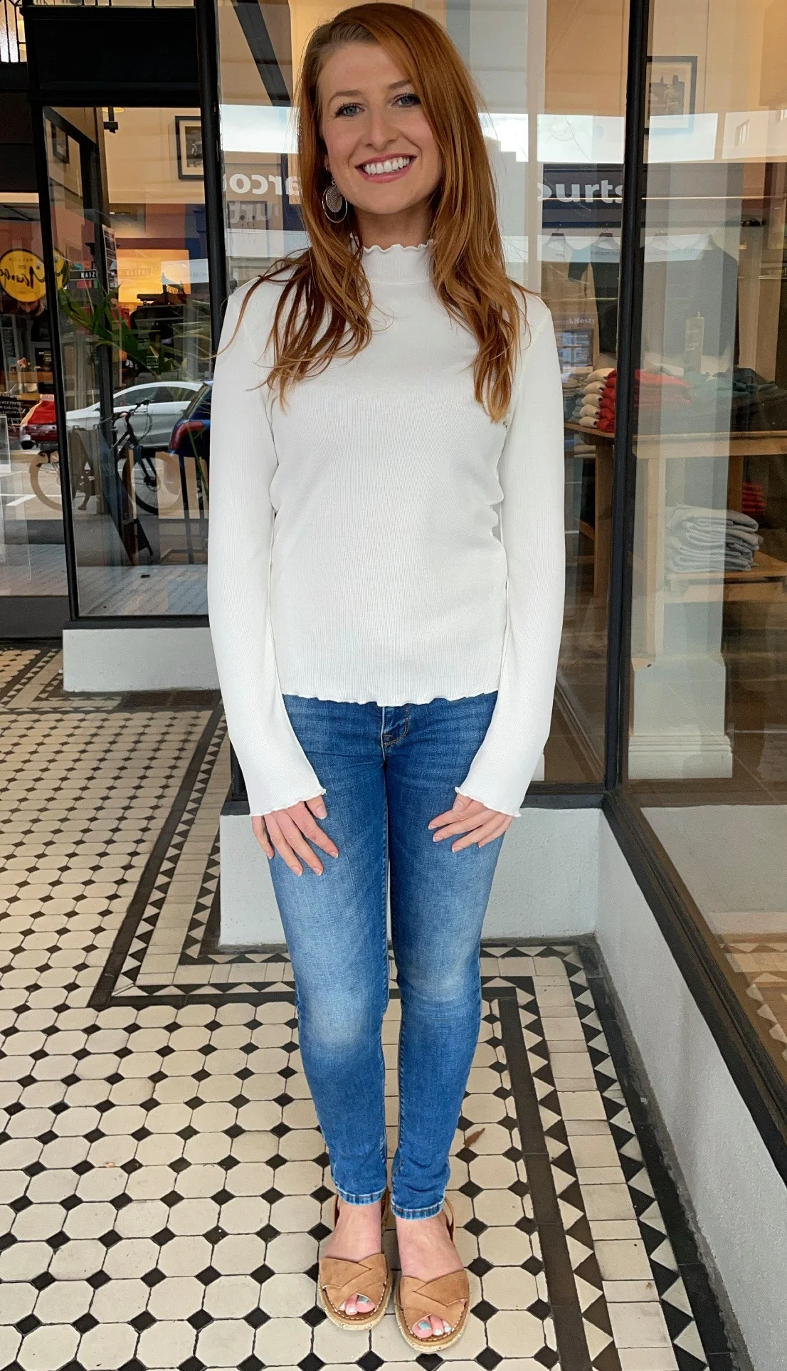 Ruffle Trim High Neck Top White