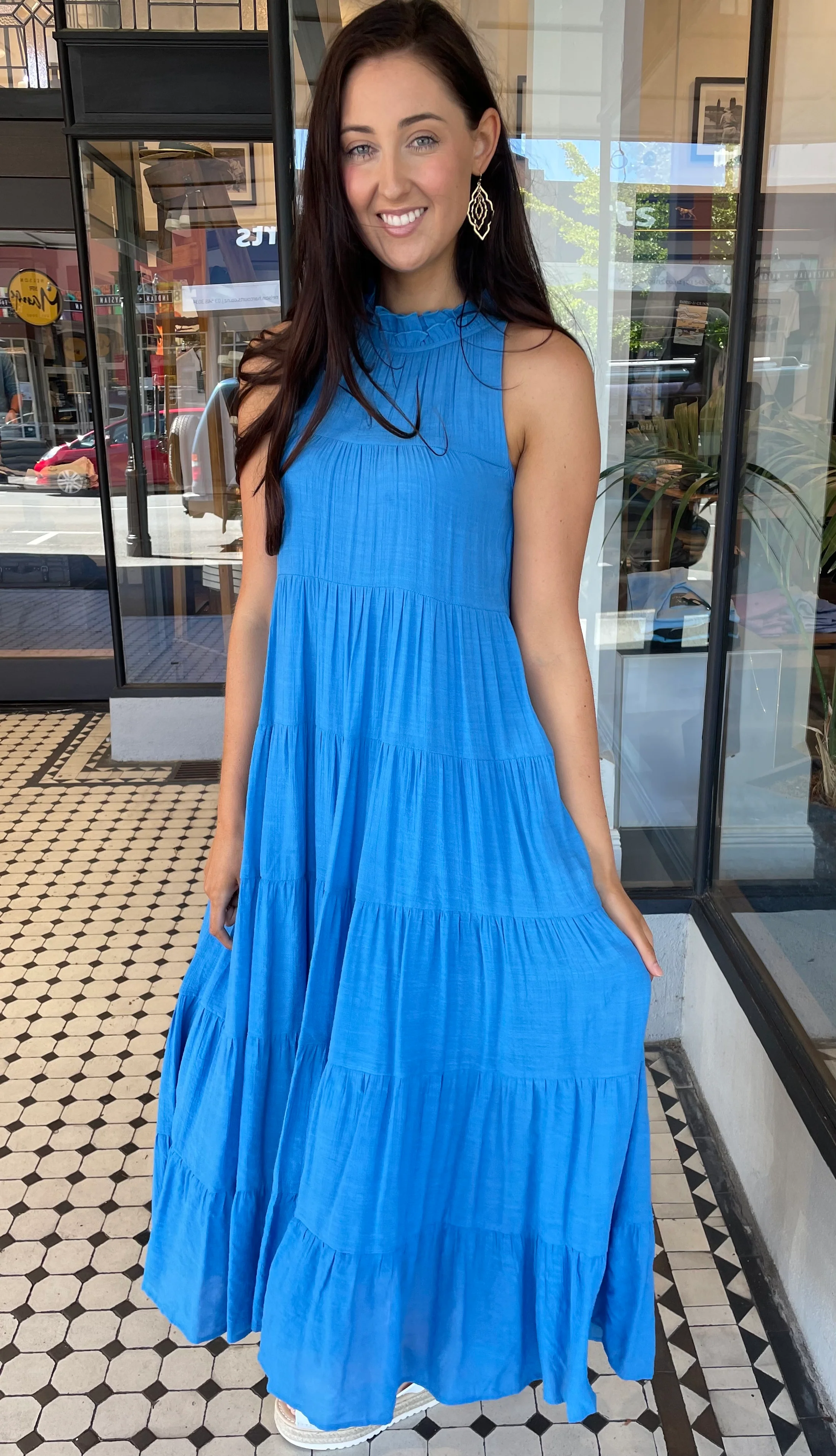 Juliette High Neck Tiered Maxi Dress Blue Aqua