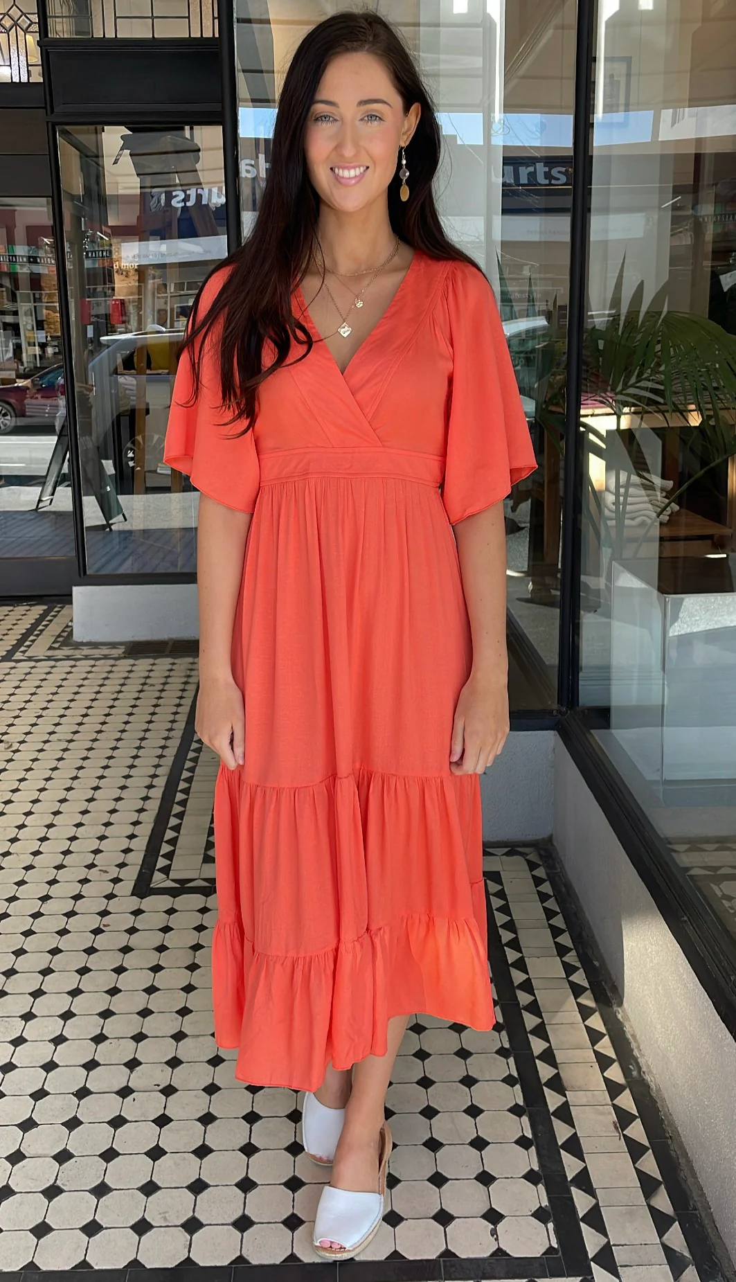 Tia V-Neck Tiered Midi Dress Tangerine