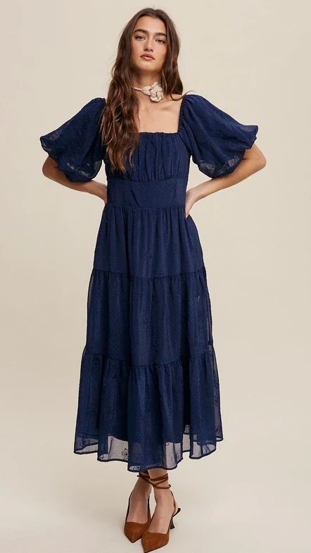 Eloise Puff Sleeve Embroidered Tulle Midi Dress Midnight