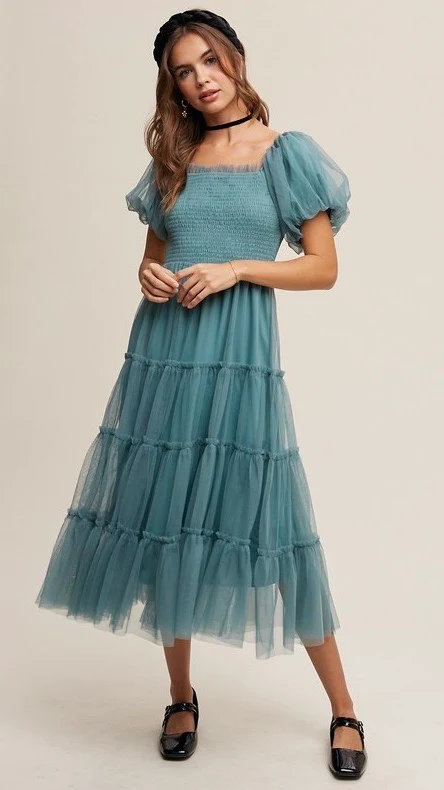 Penelope Tulle Puff Sleeve Dress Sage