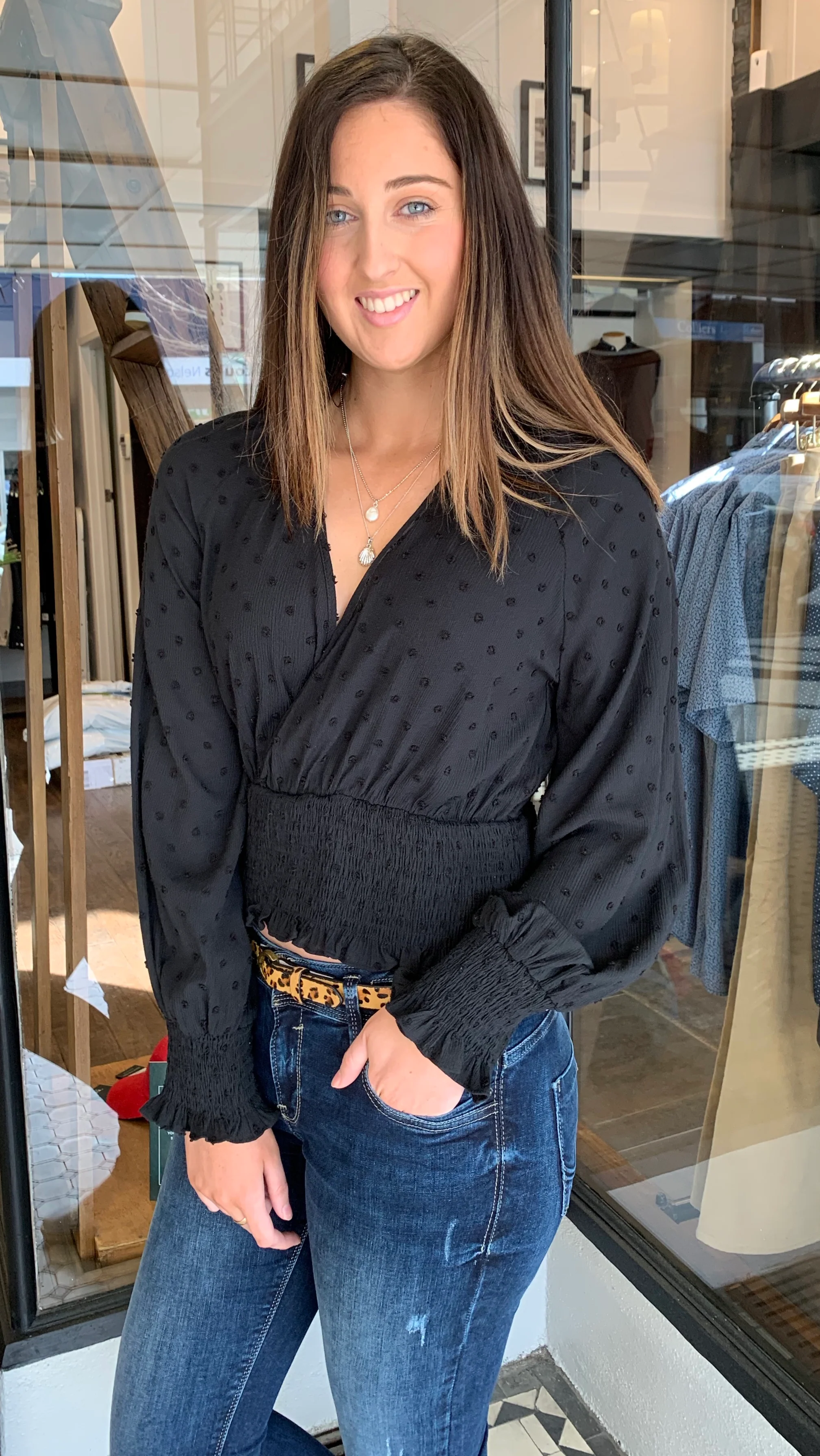 Dawn Dotted Swiss Surplice Top Black