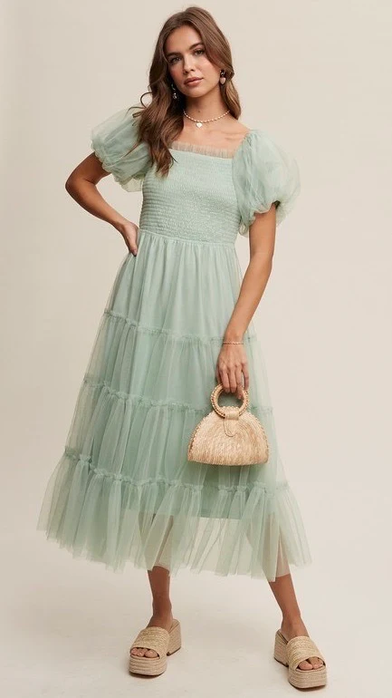 Penelope Tulle Puff Sleeve Dress Mint
