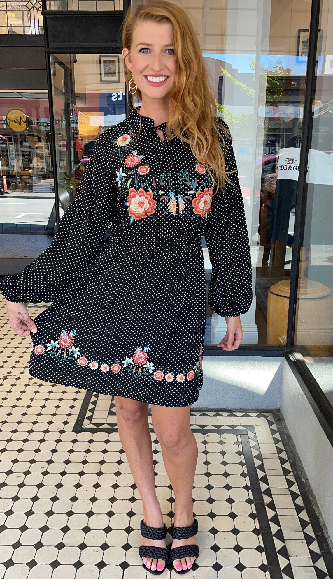 Polly Long Sleeve Embroidered Dress Black Dot