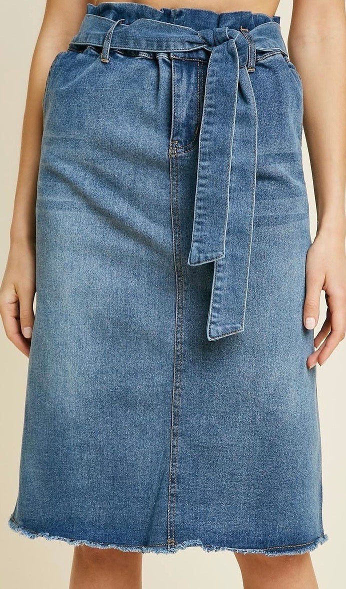 Demi Frayed Hem Denim Midi Skirt