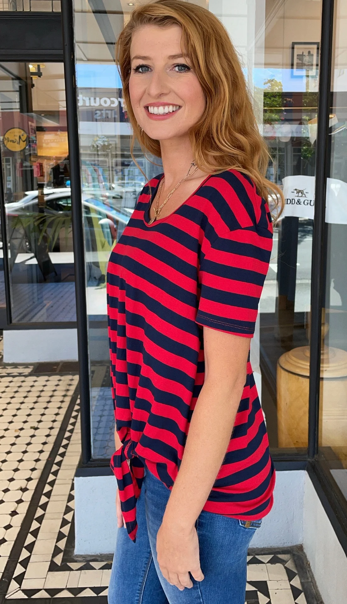 Lara Striped Knot Front Top Red/Navy