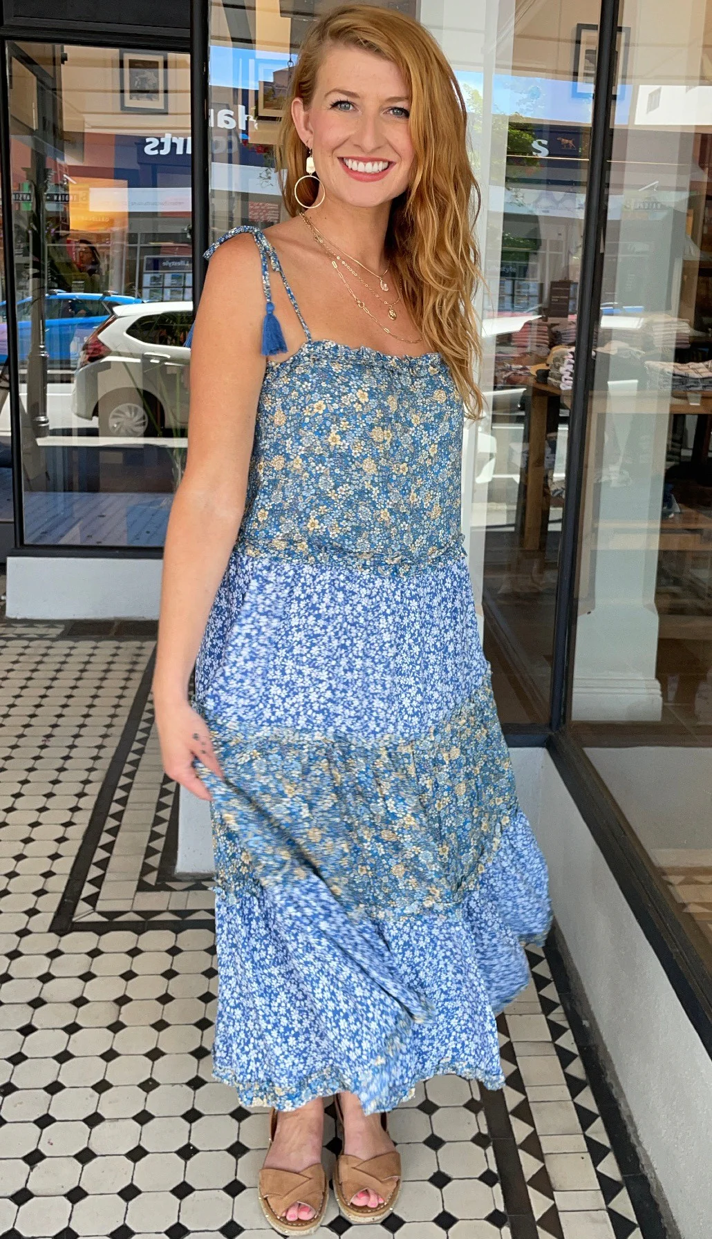 Prairie Tiered Midi Dress Blue