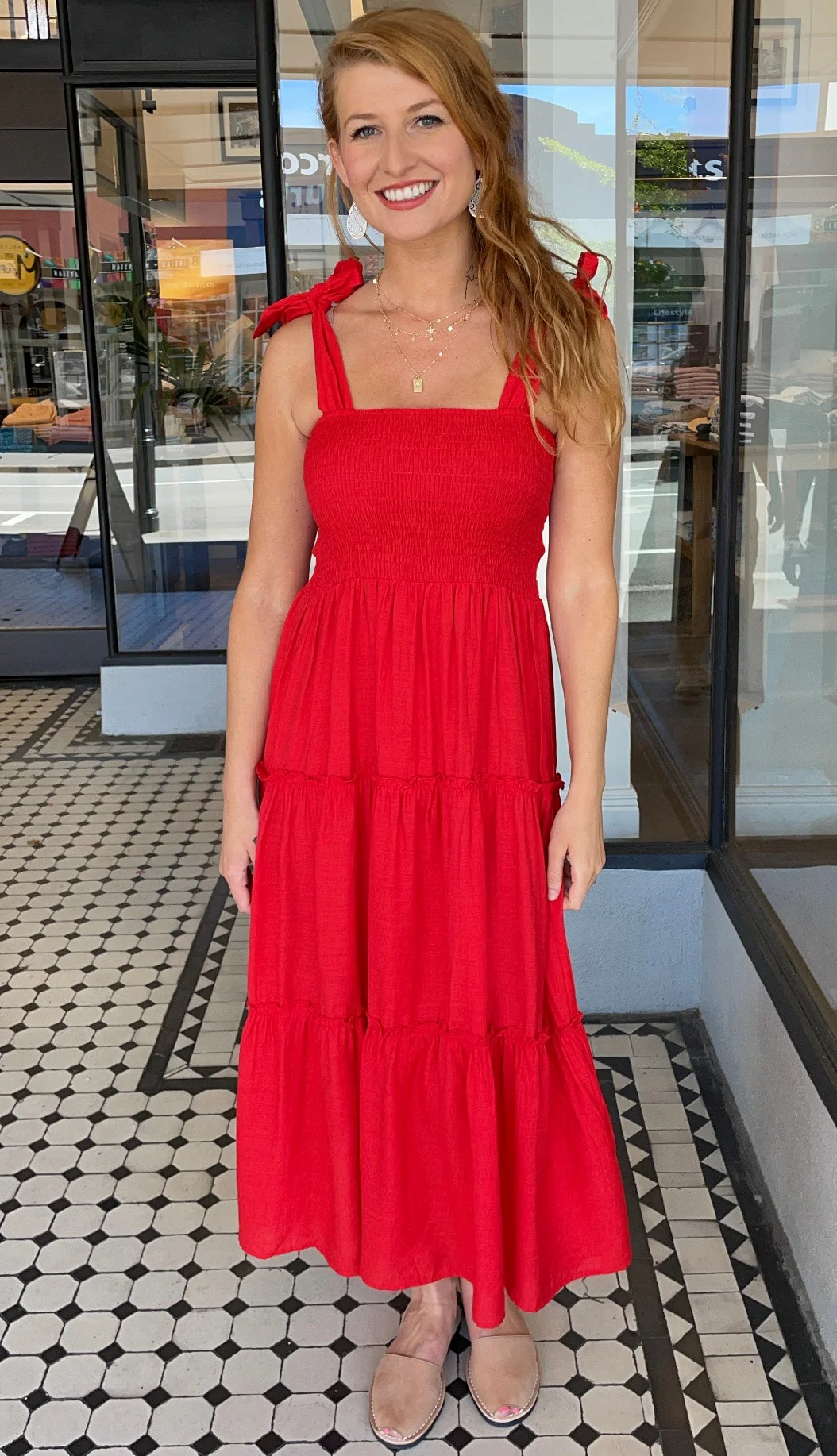 Tessa Tie Shoulder Midi Dress Red