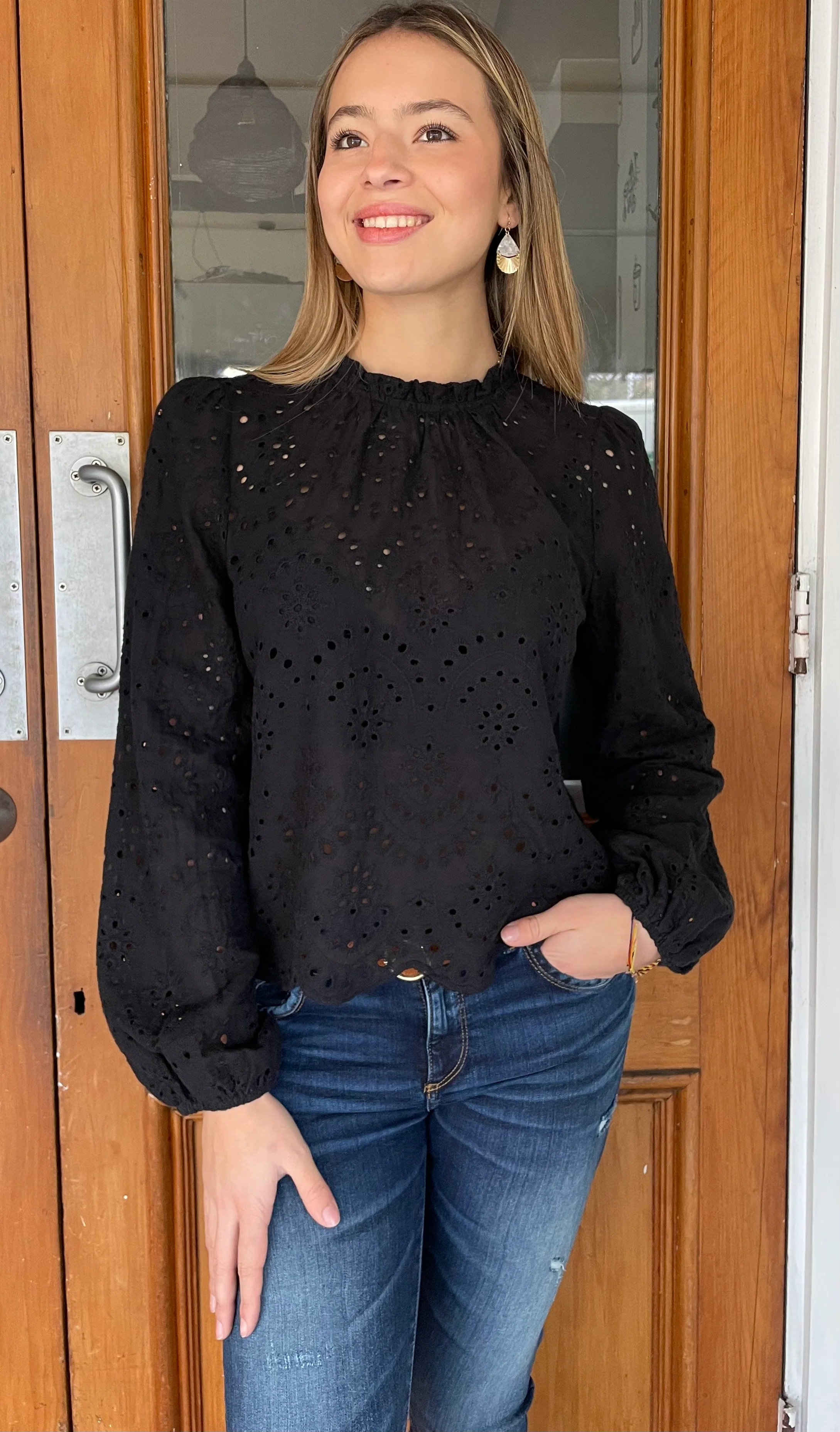Eva Eyelet Long Sleeve Top Black