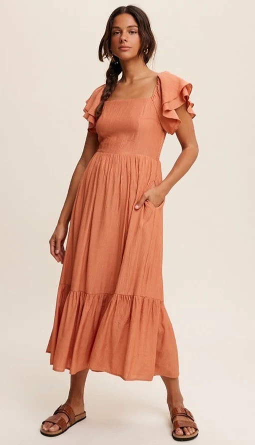 Gabriela Square Neck Ruffle Sleeve Dress Lt Rust