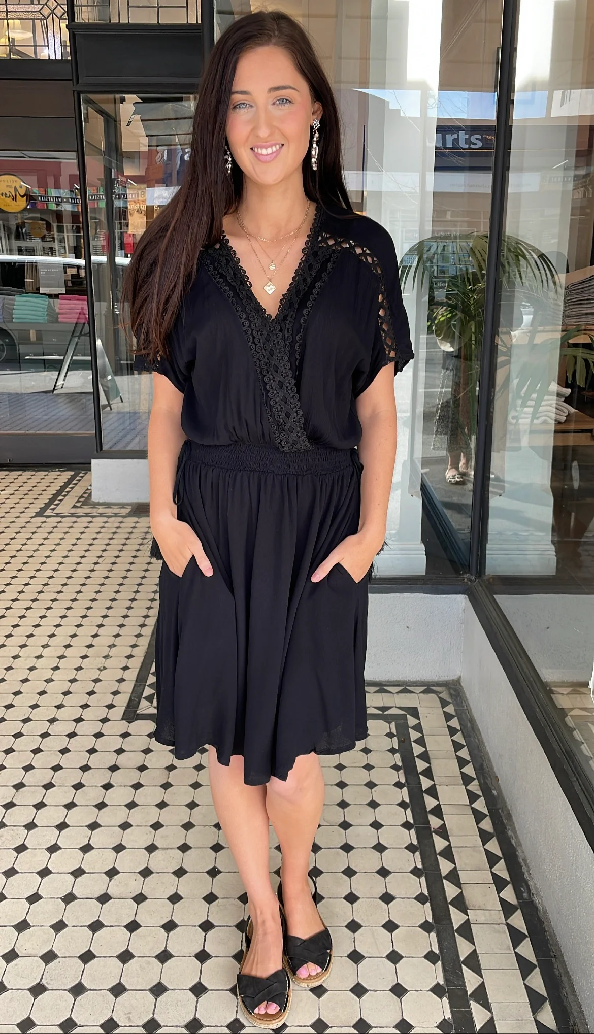 Delilah V Neck Lace Trim Dress Black