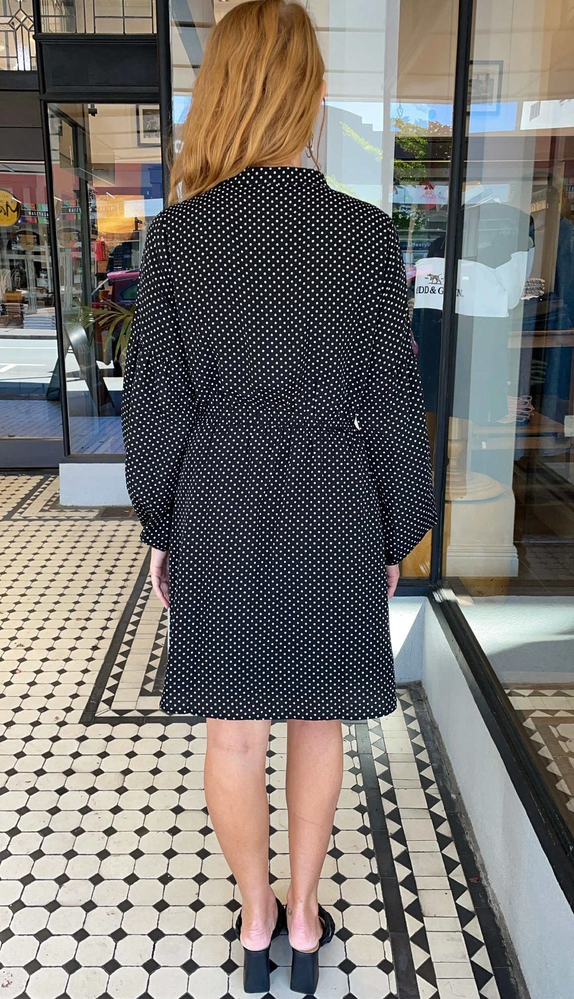 Polly Long Sleeve Embroidered Dress Black Dot