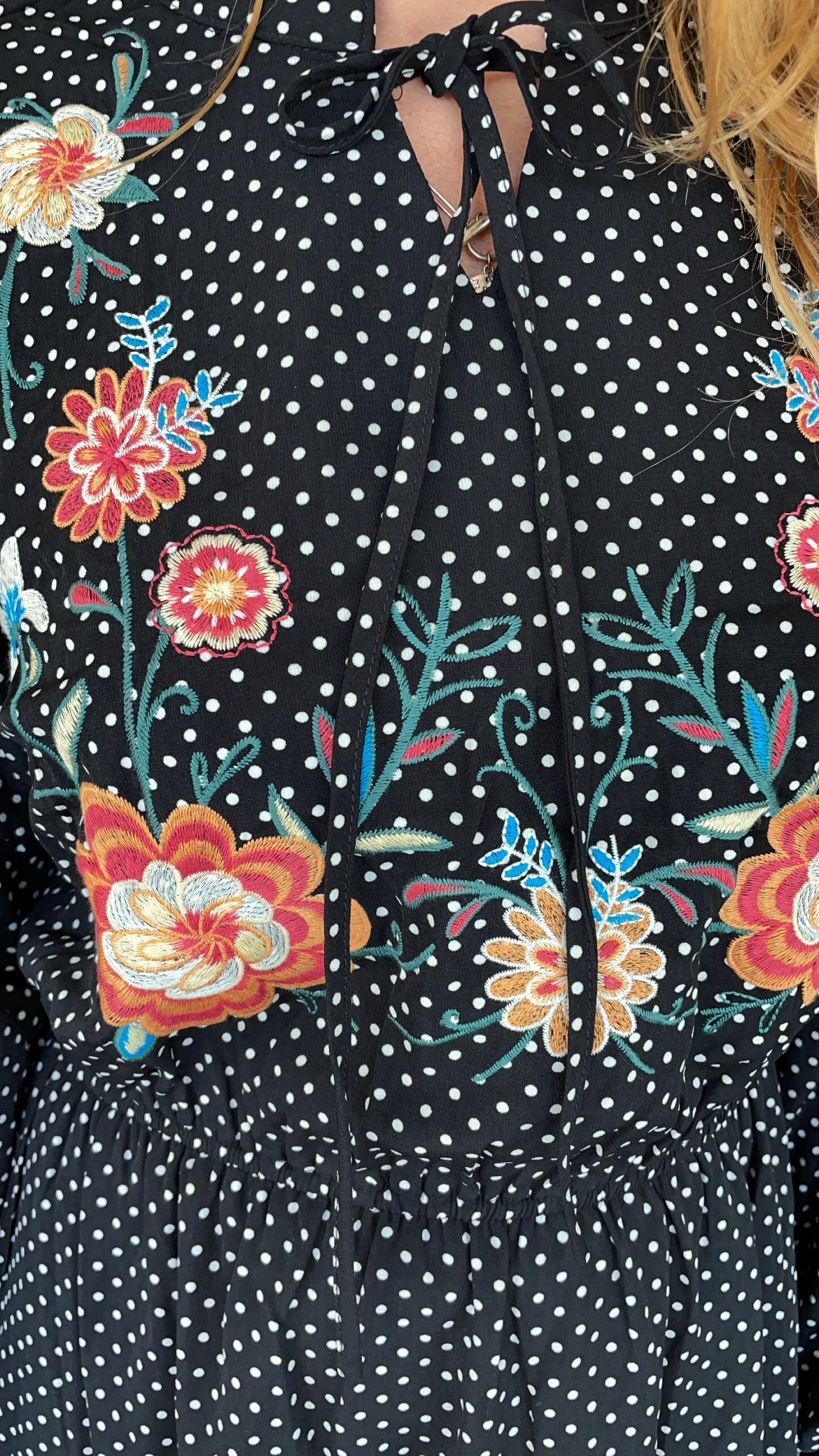 Polly Long Sleeve Embroidered Dress Black Dot