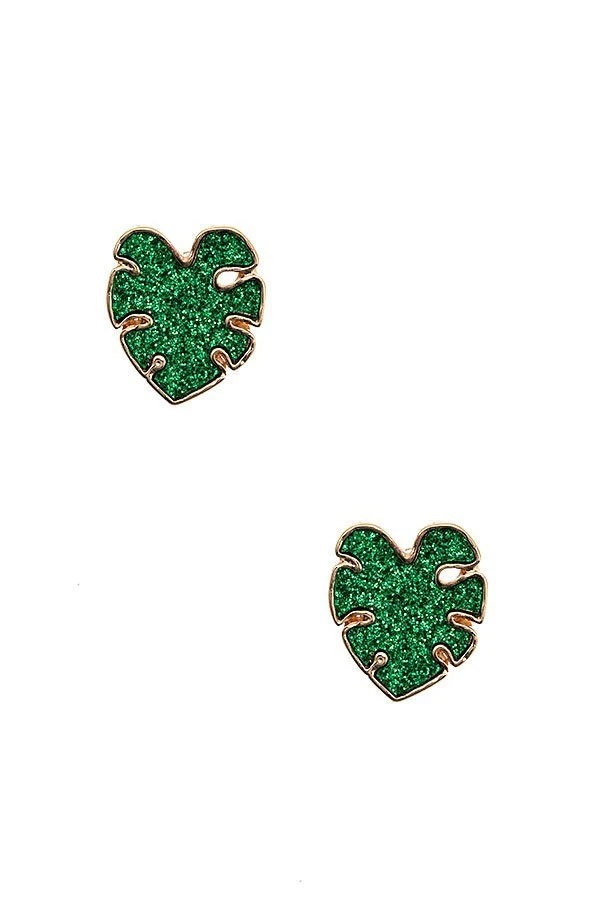 UBS030 Monstera Studs Green Glitter