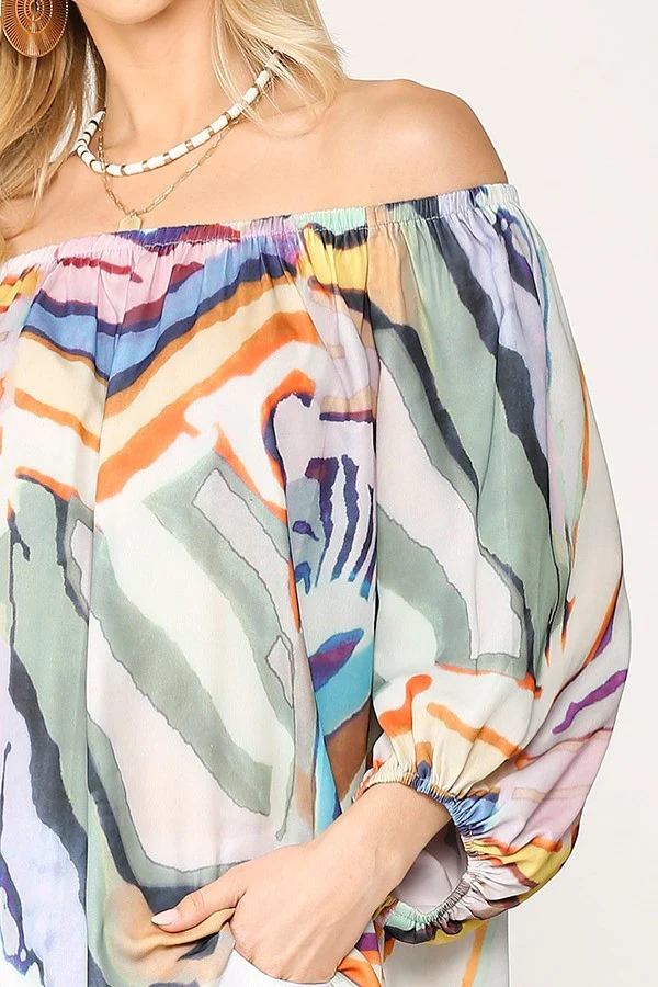 Abstract Watercolour Off Shoulder Top Multi