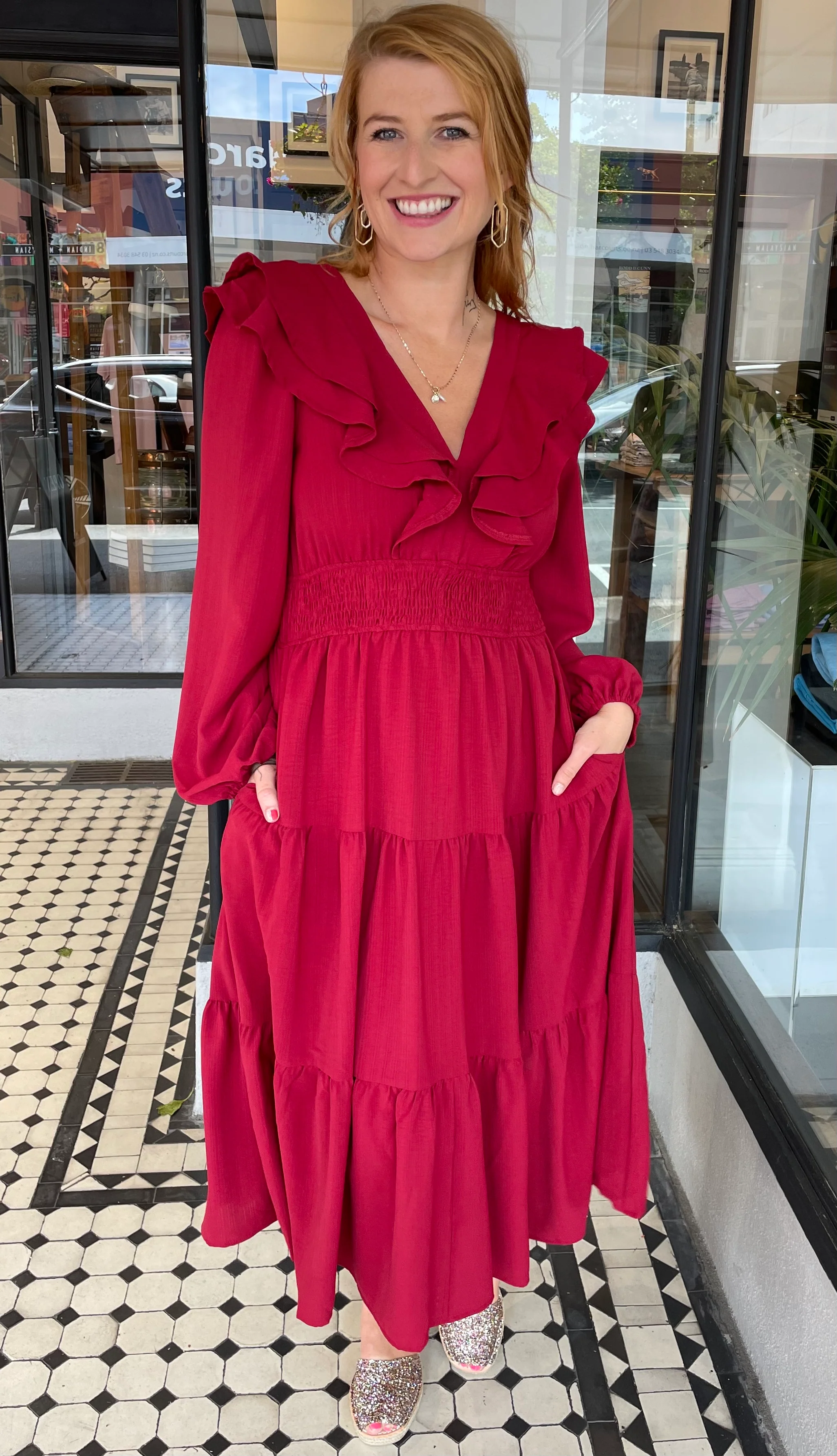 Valerie Double Ruffle Deep V Neck Dress Ruby Red