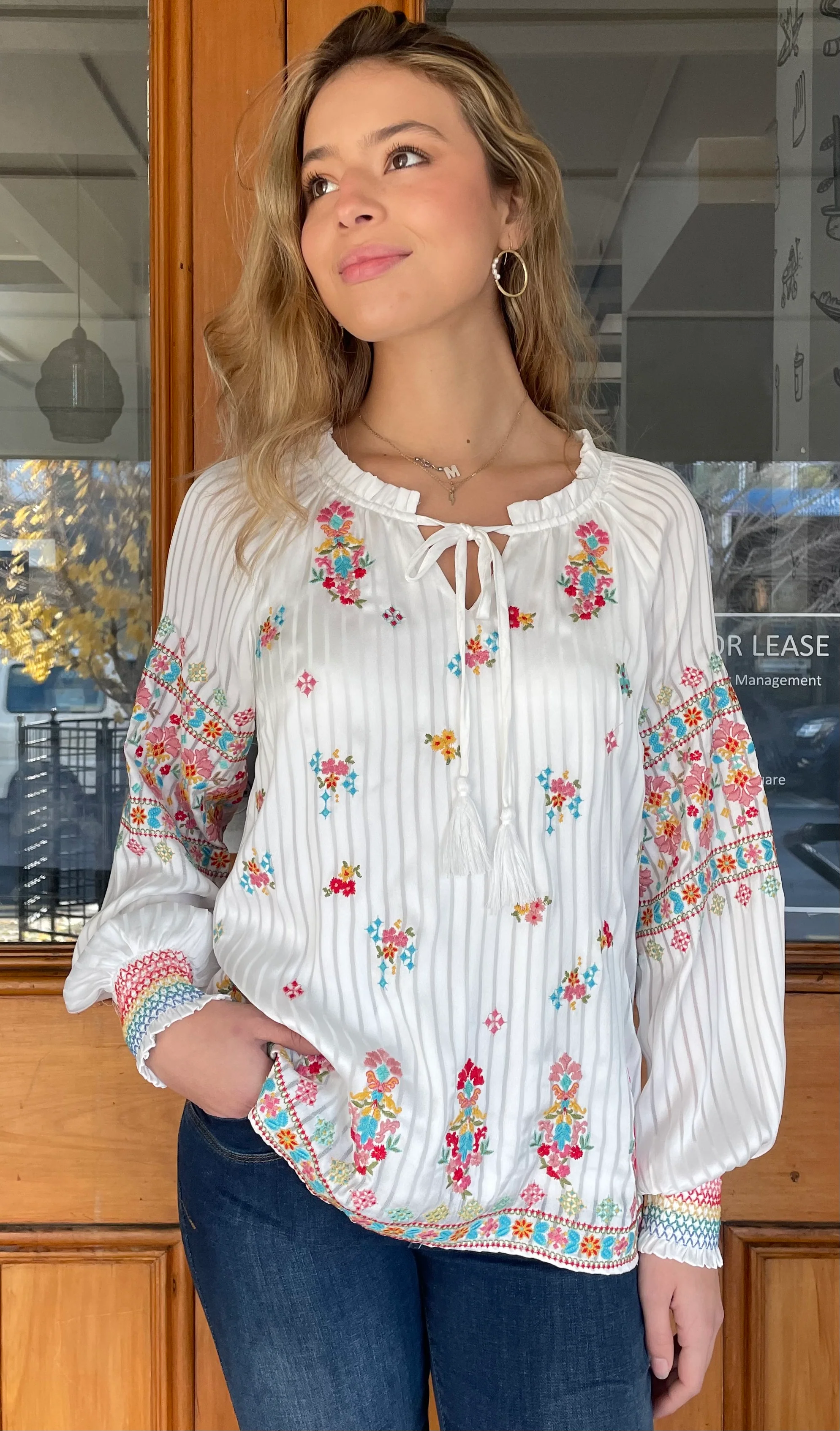 Romeo Embroidered Tie Front Top Ivory