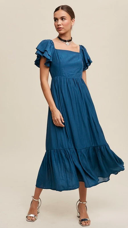 Gabriela Square Neck Ruffle Sleeve Dress Teal