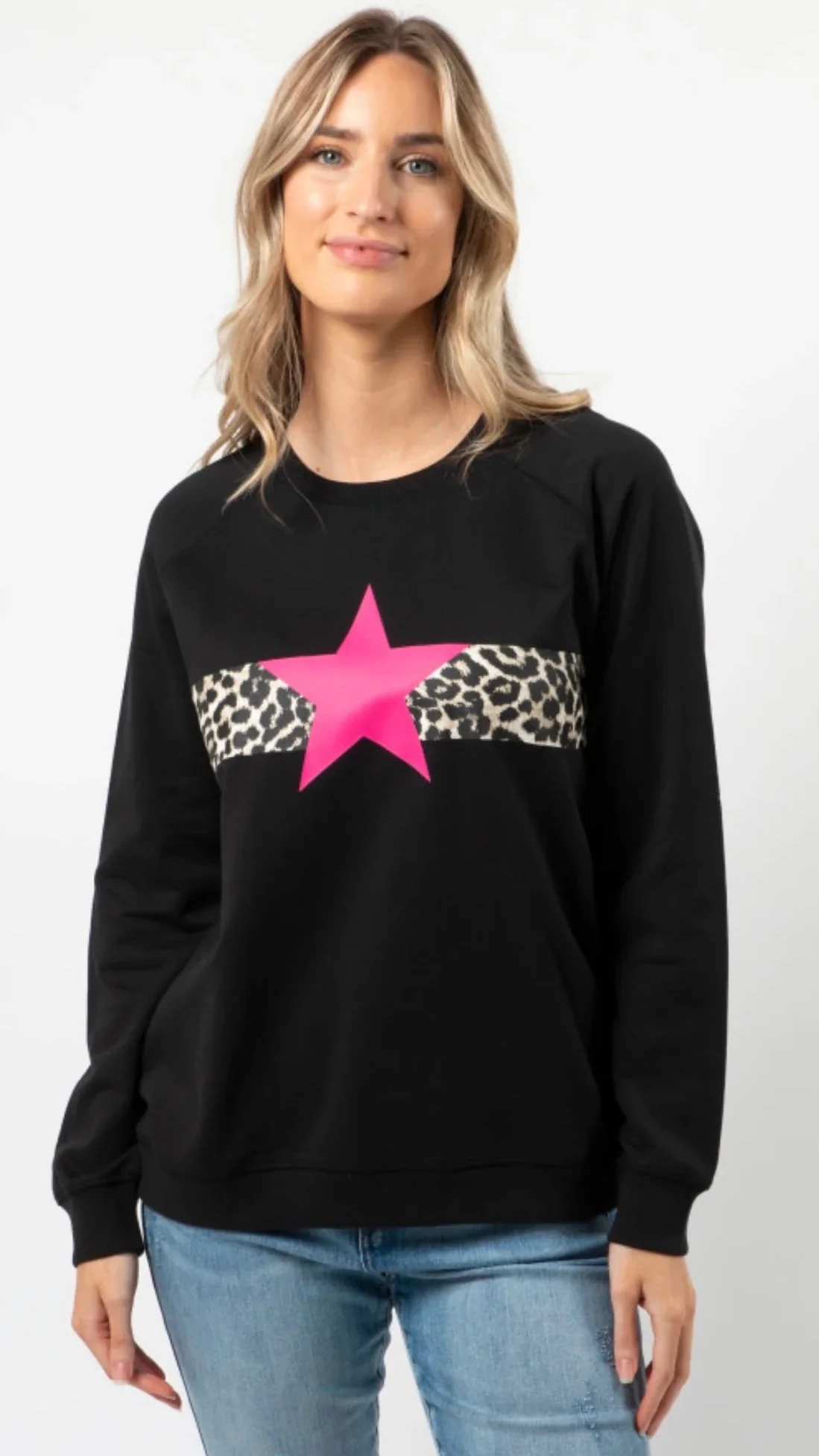 Classic Sweater Black Neon Pink Star