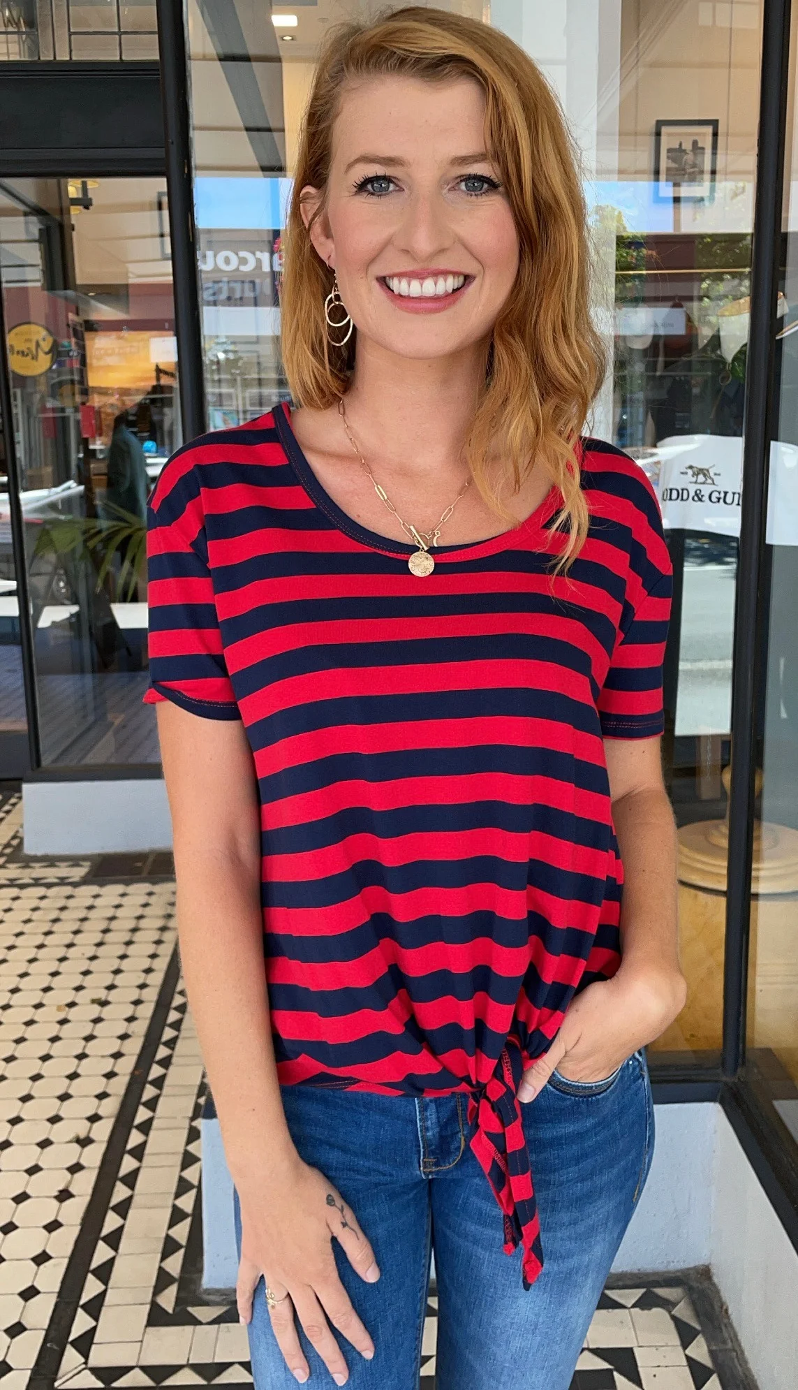 Lara Striped Knot Front Top Red/Navy