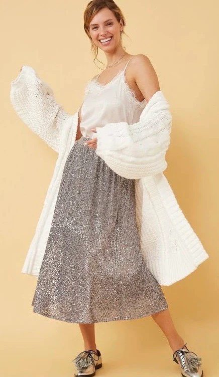 Sparkle Sparkle Sequin Midi Skirt Silver