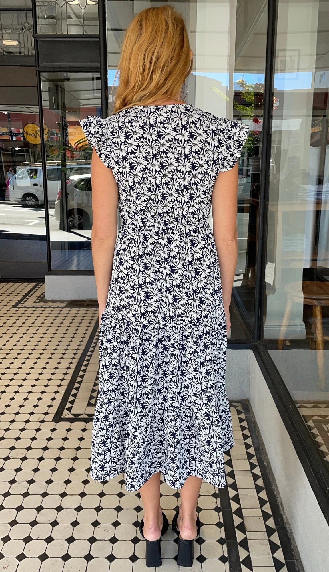 Sheila Smocked Bodice V-Neck Midi Dress Navy