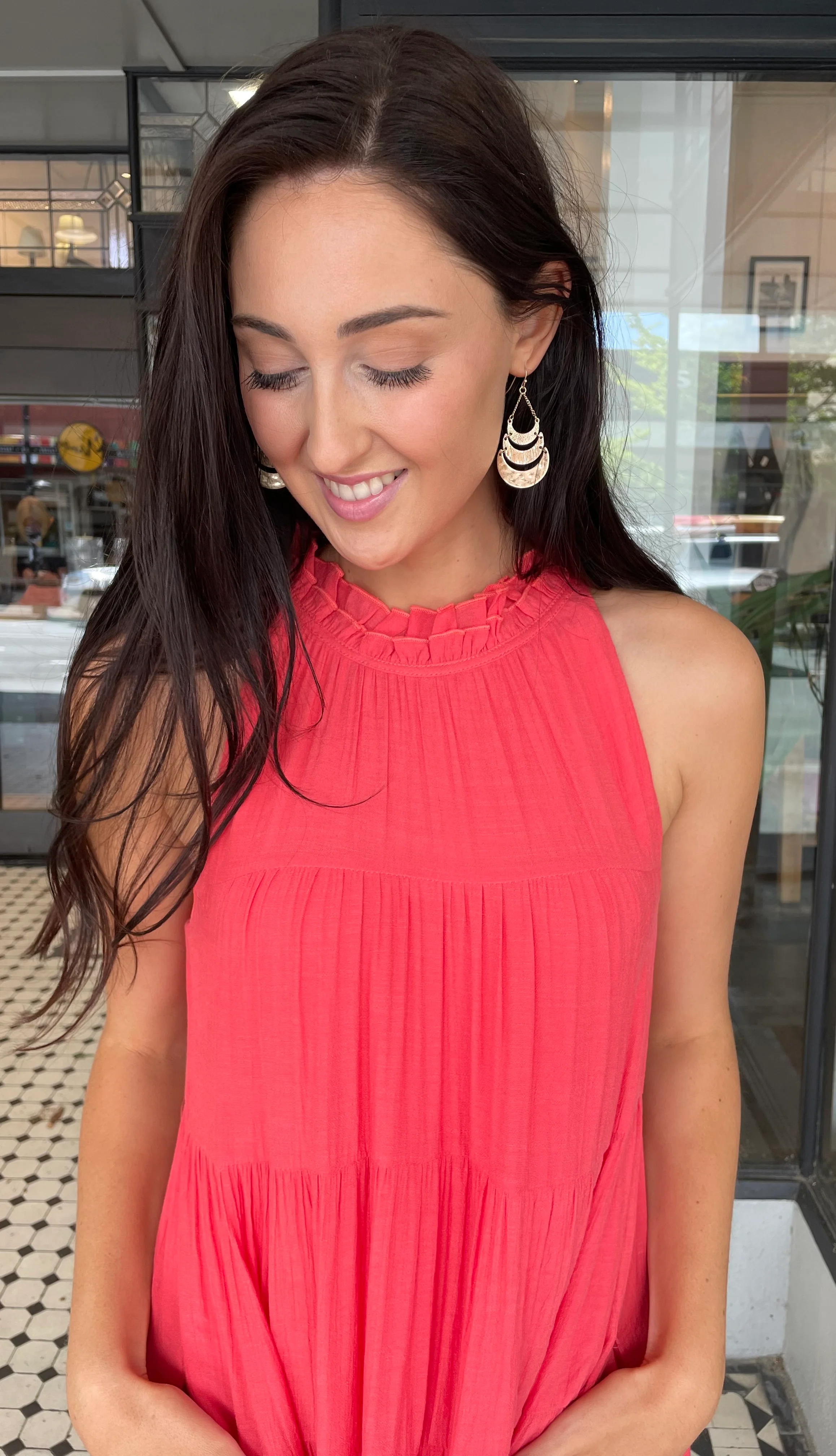 Juliette High Neck Tiered Maxi Dress Coral