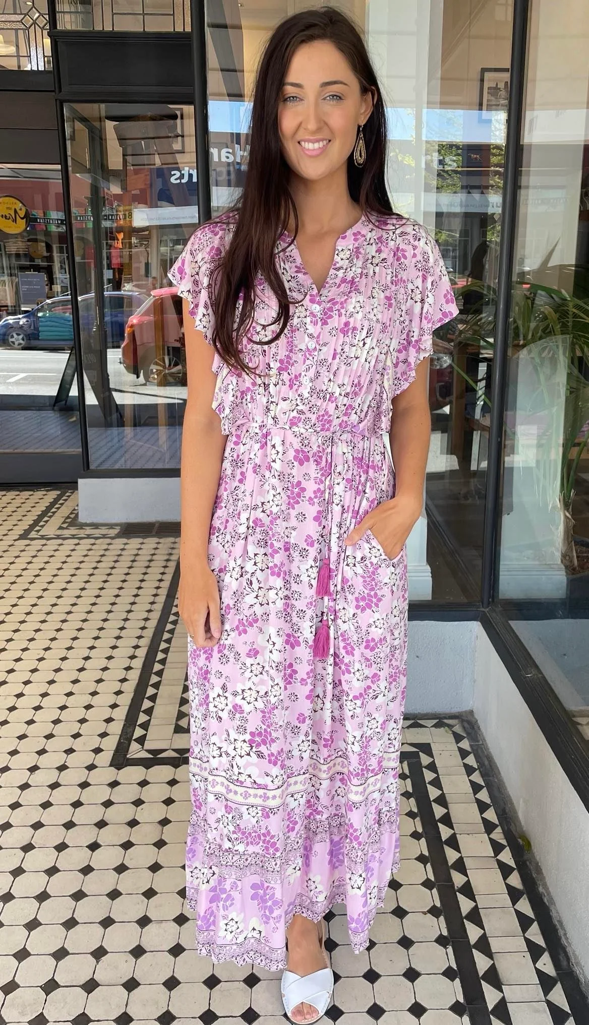 Imogen Flutter Sleeve Button Front Maxi Dress Violet