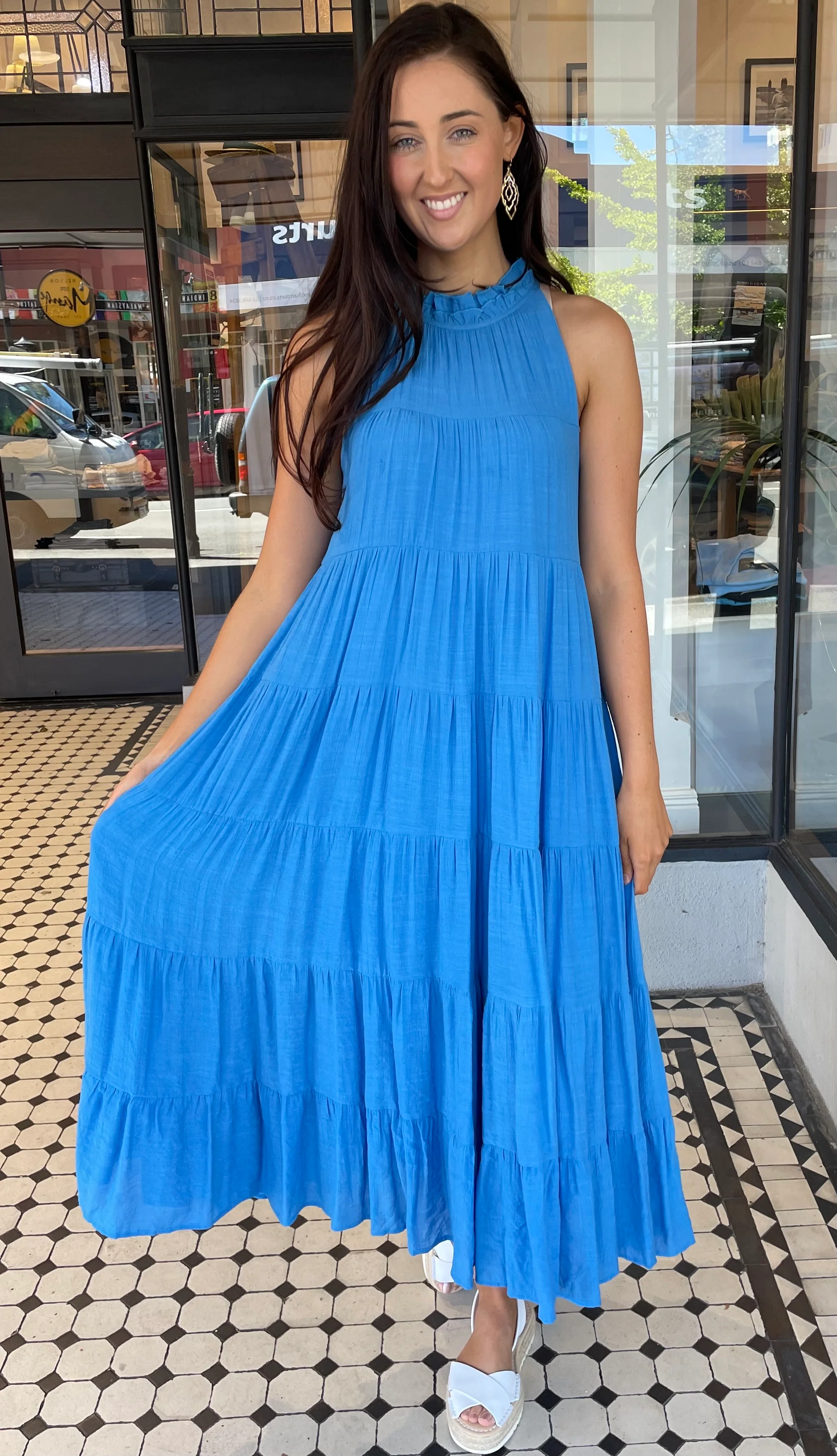 Juliette High Neck Tiered Maxi Dress Blue Aqua