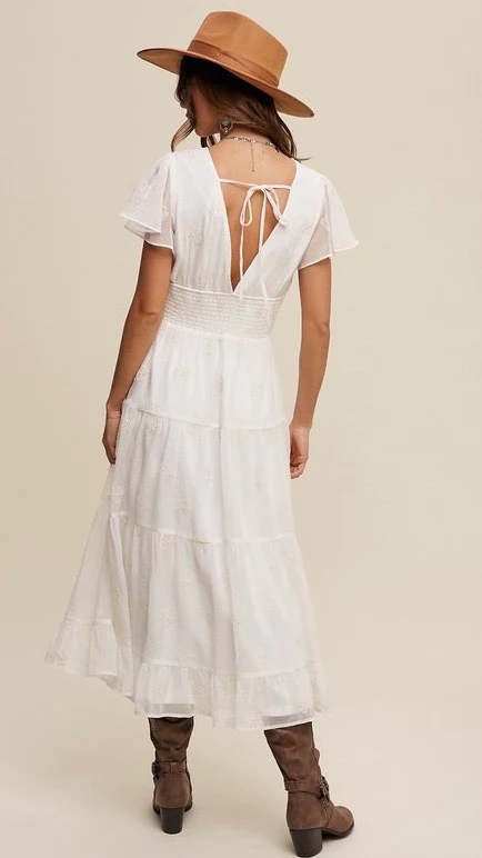 Francesca Embroidered Tulle Midi Dress Off White