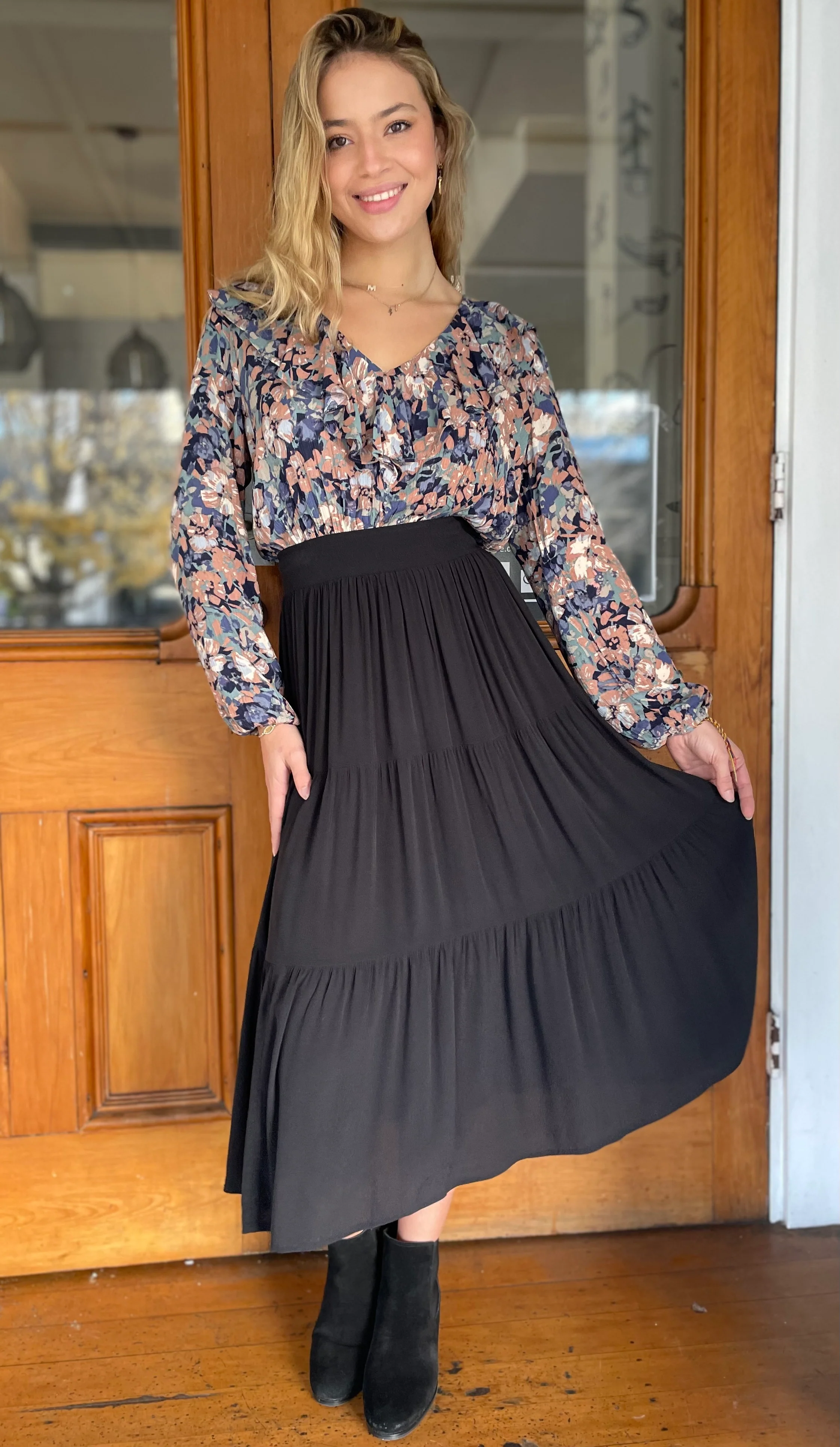 Maggie Smocked Waist Cropped Top Navy Print