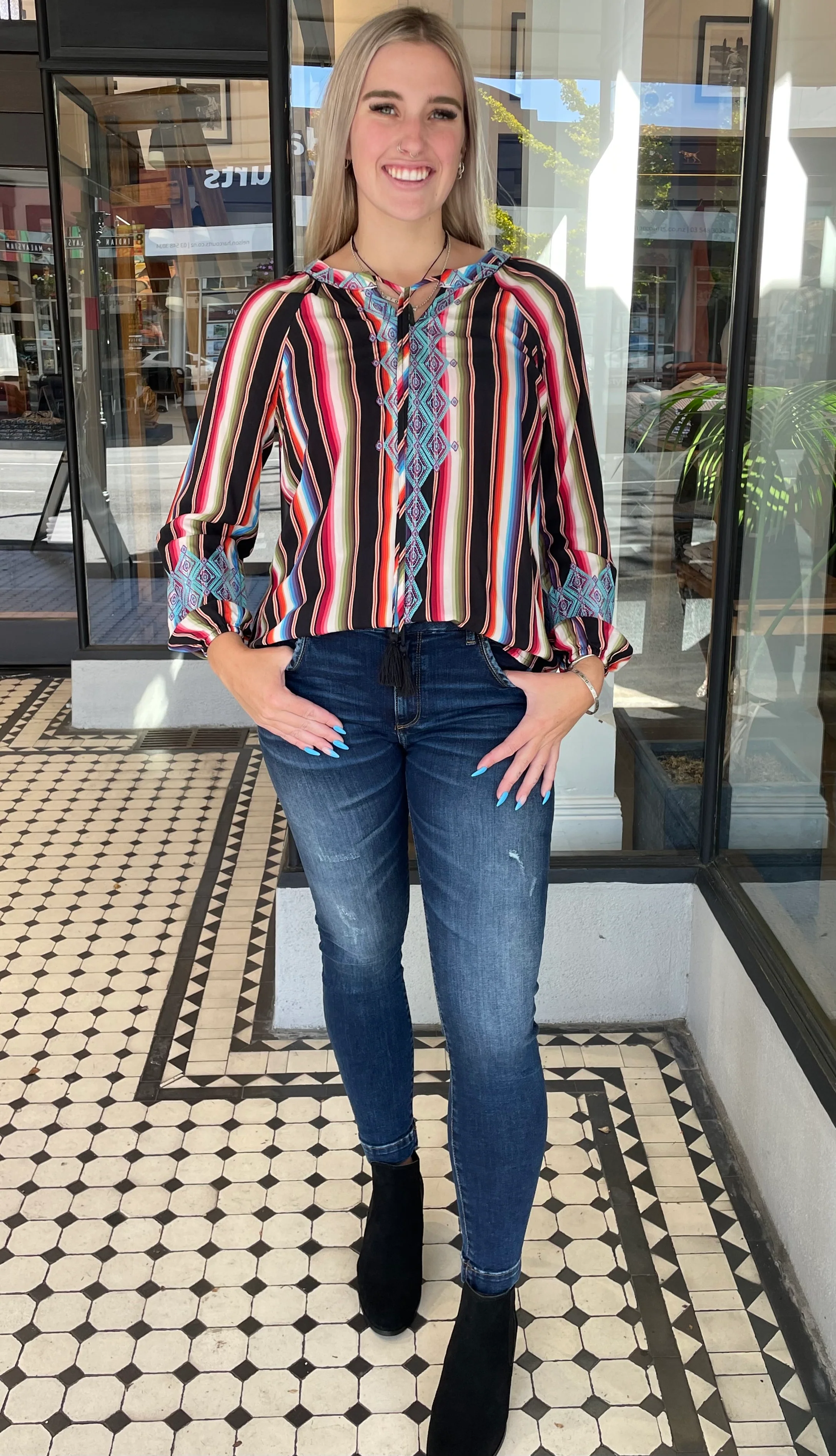 Baja Embroidered Long Sleeve Top Multi Stripe