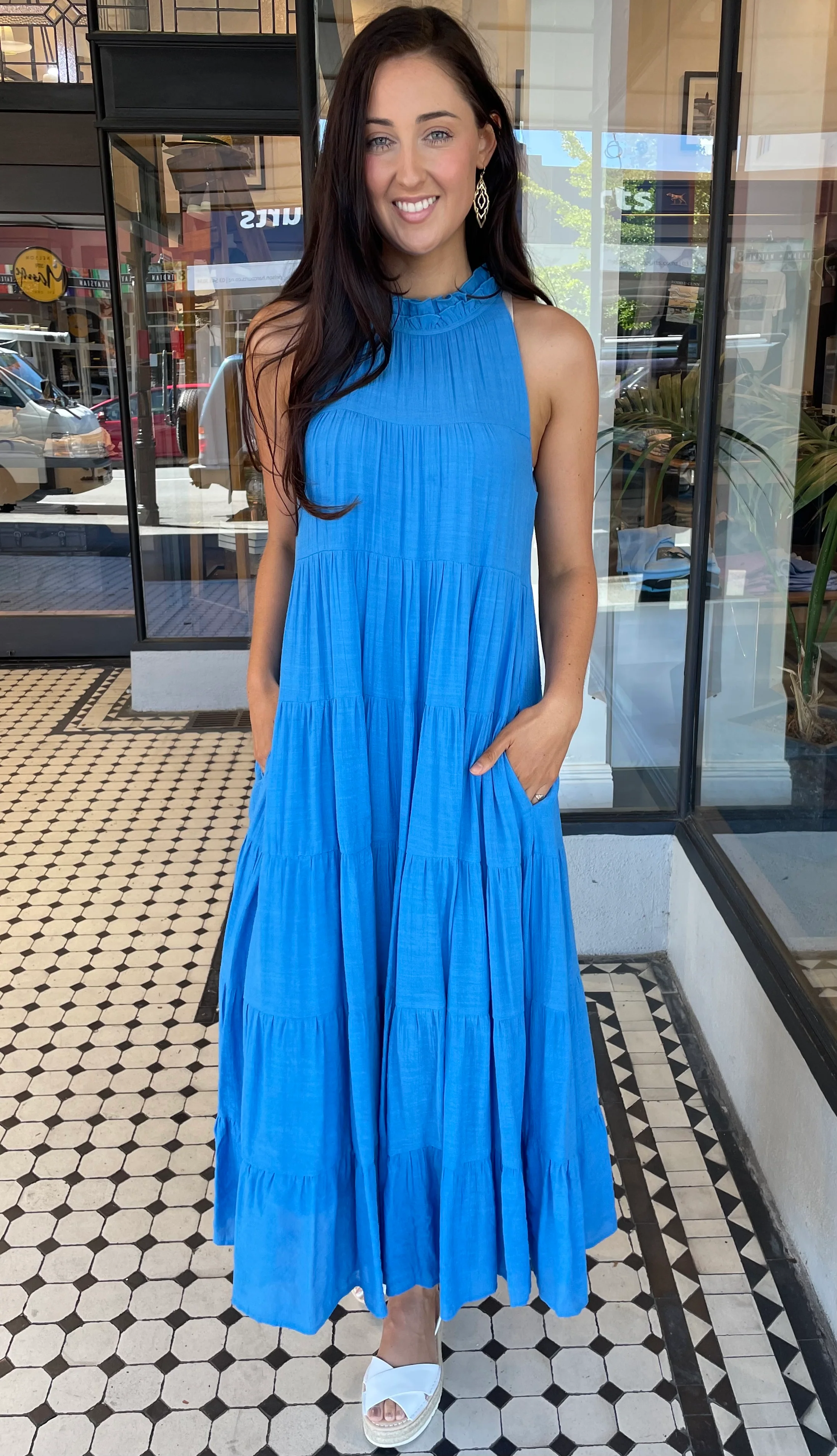 Juliette High Neck Tiered Maxi Dress Blue Aqua