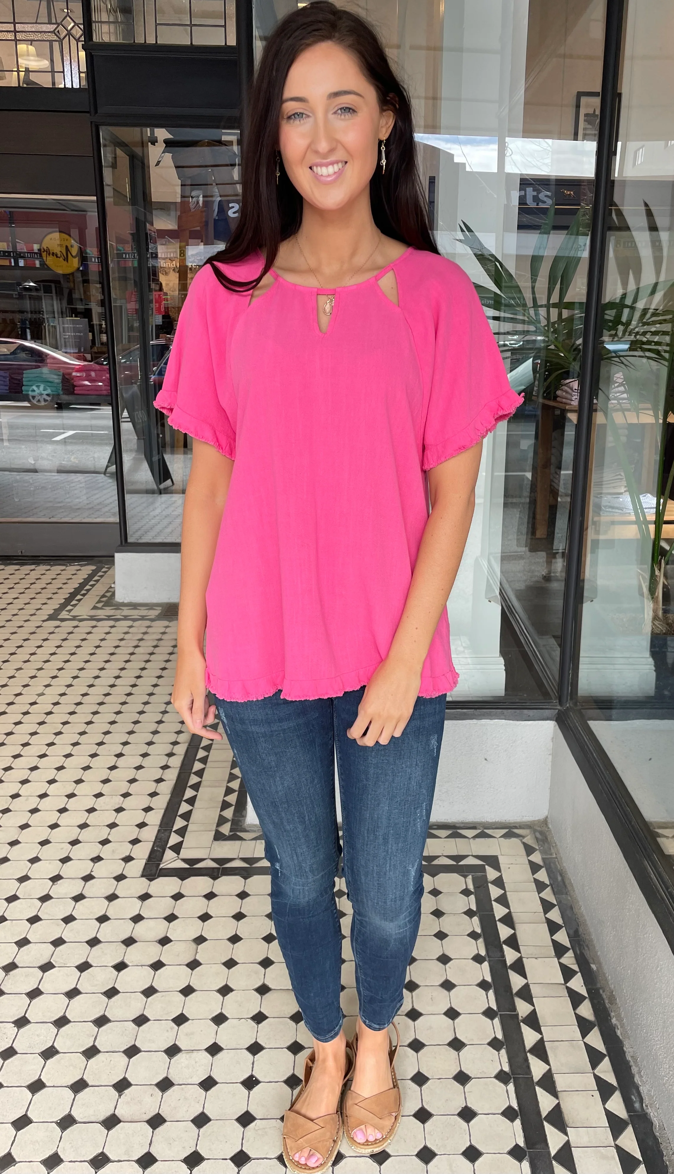 June Cut Out Neckline Linen Top Pink
