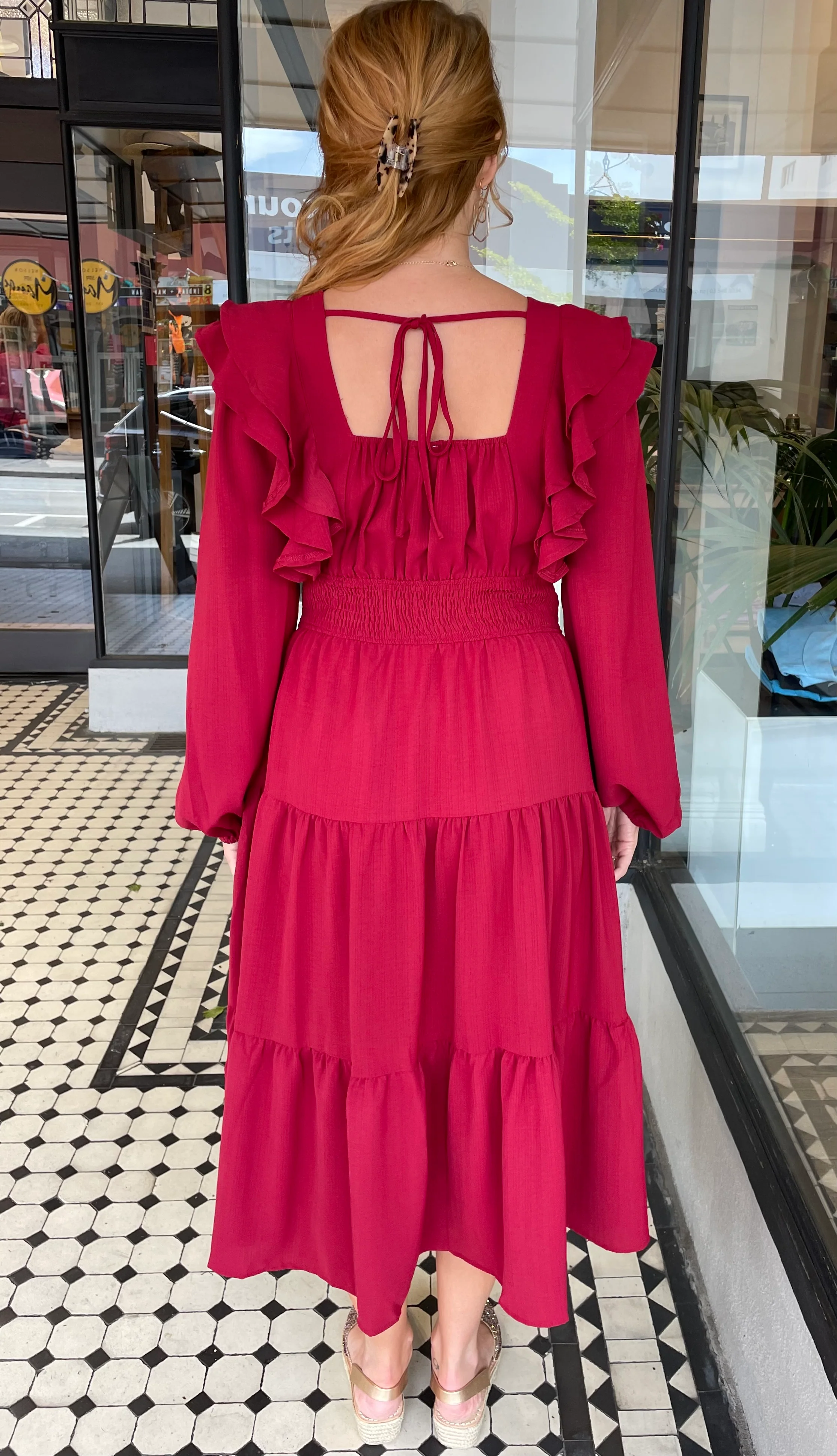 Valerie Double Ruffle Deep V Neck Dress Ruby Red