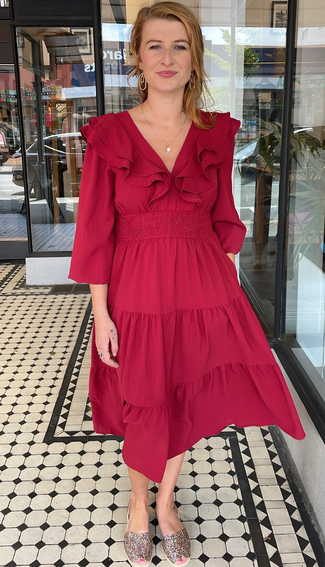 Valerie Double Ruffle Deep V Neck Dress Ruby Red