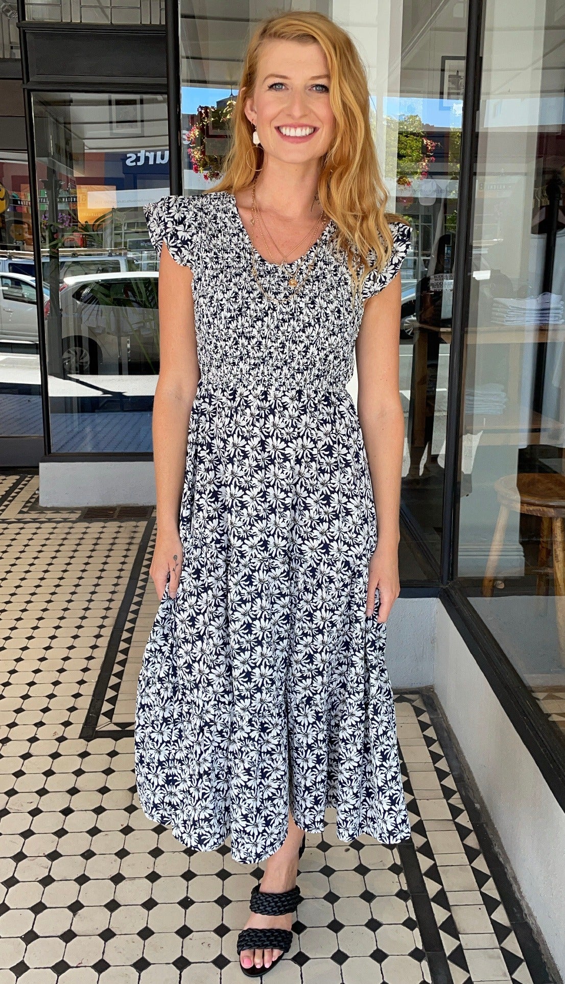 Sheila Smocked Bodice V-Neck Midi Dress Navy