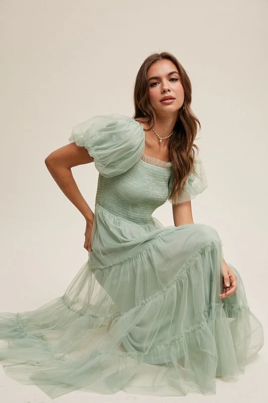 Penelope Tulle Puff Sleeve Dress Mint