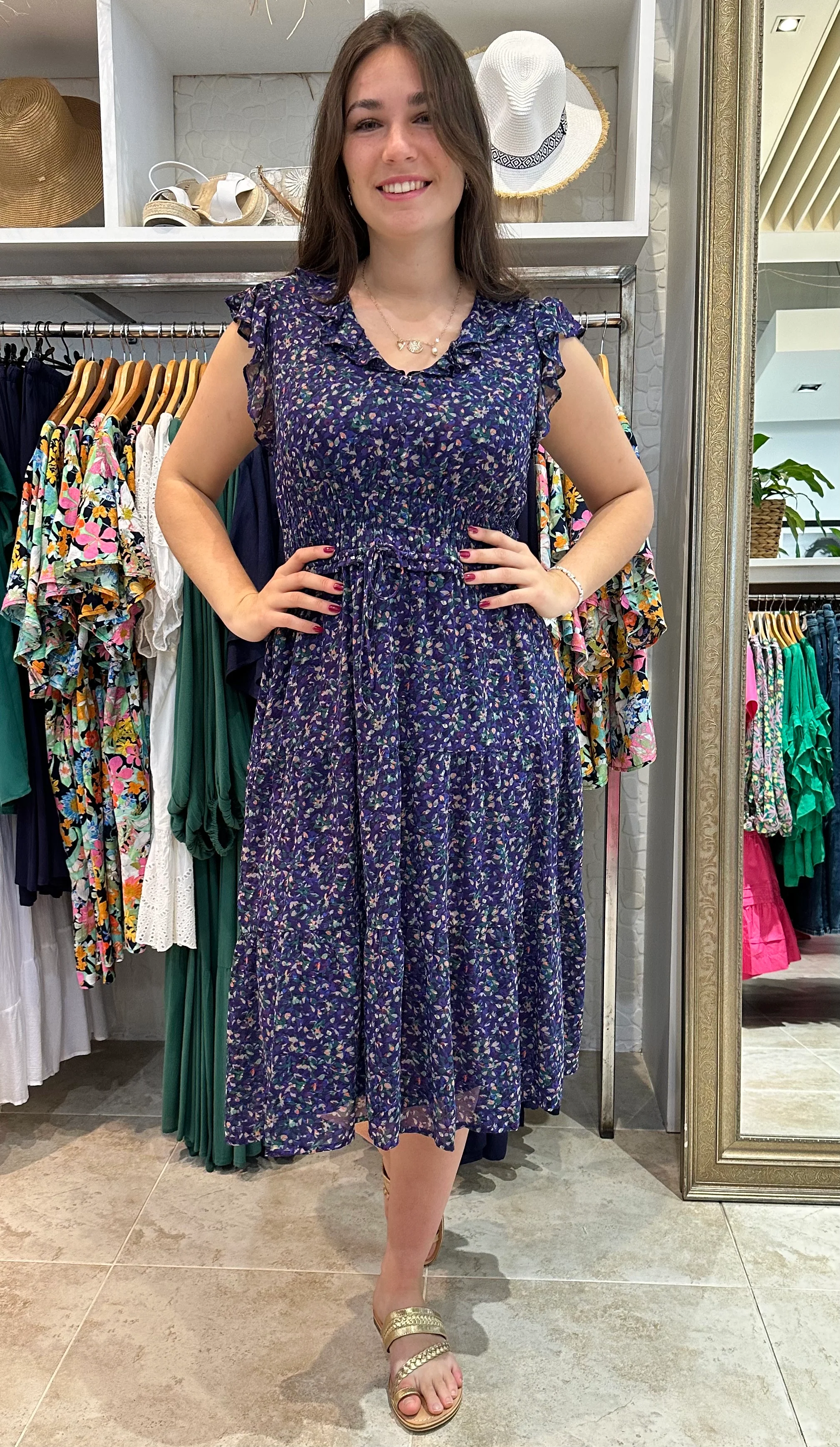 Piper Ruffle V-Neck Midi Dress Midnight