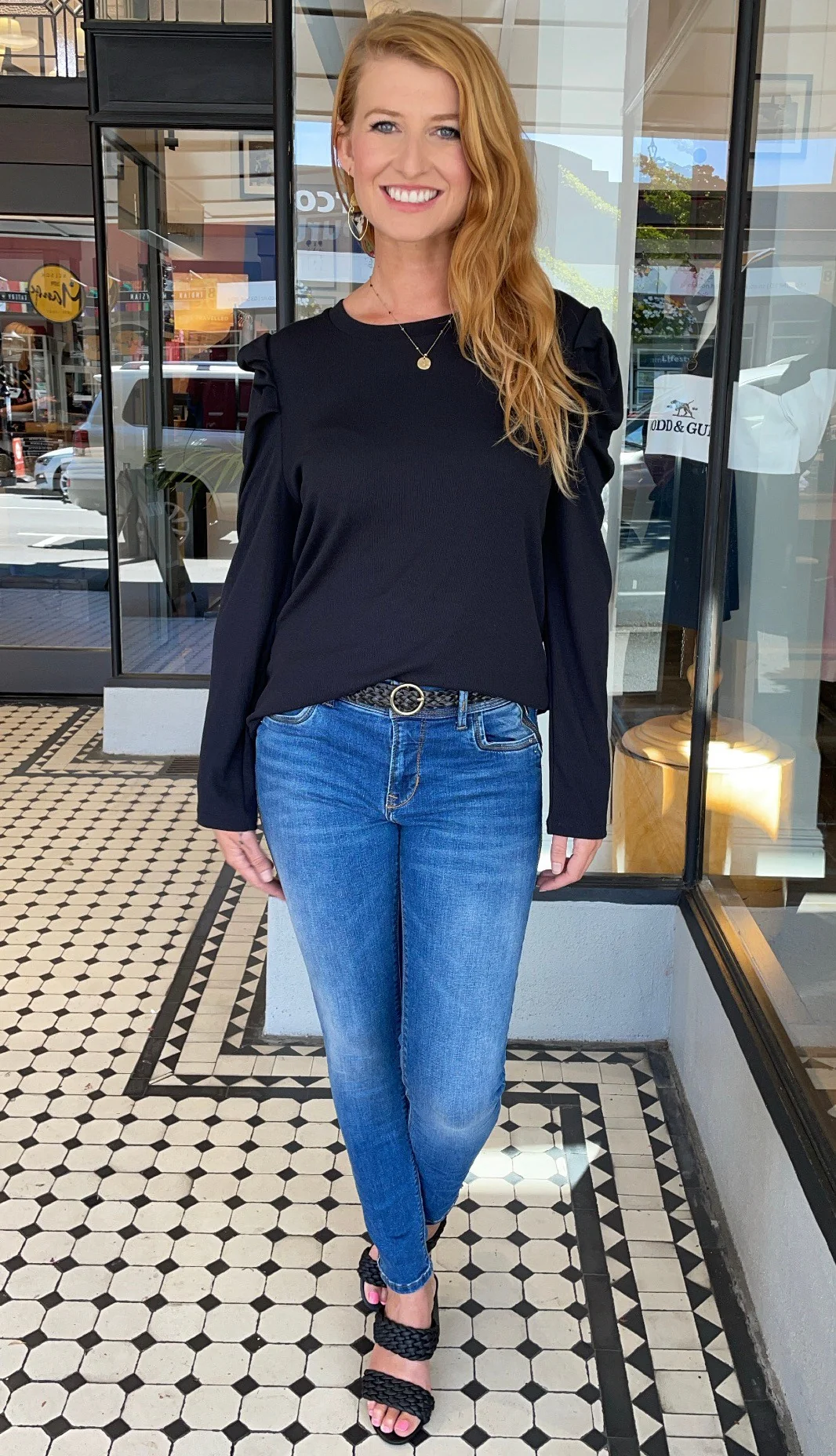 Pleated Puff Shoulder Knit Top Black