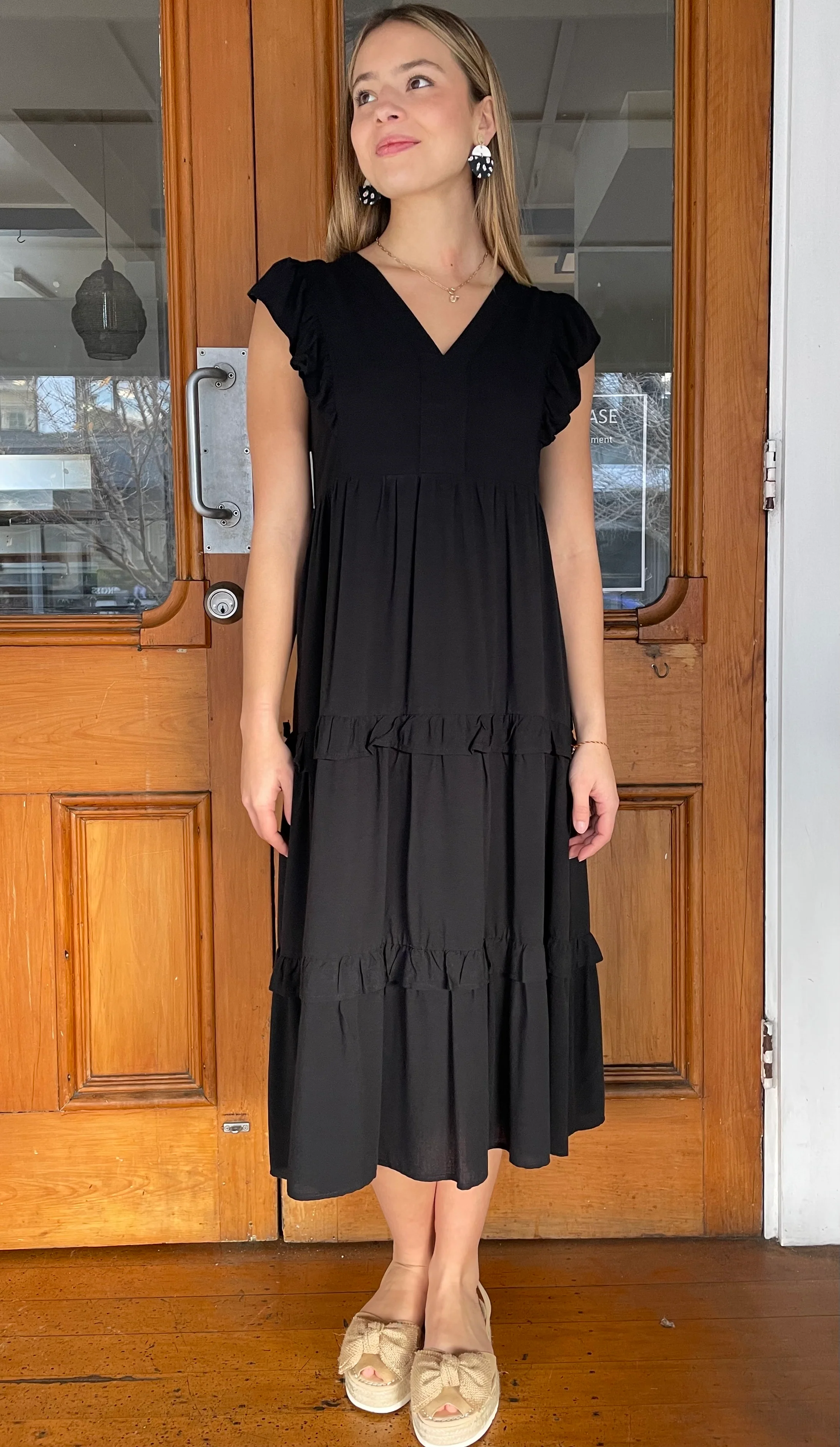 Jayla Ruffled Tiered Midi Dress Black