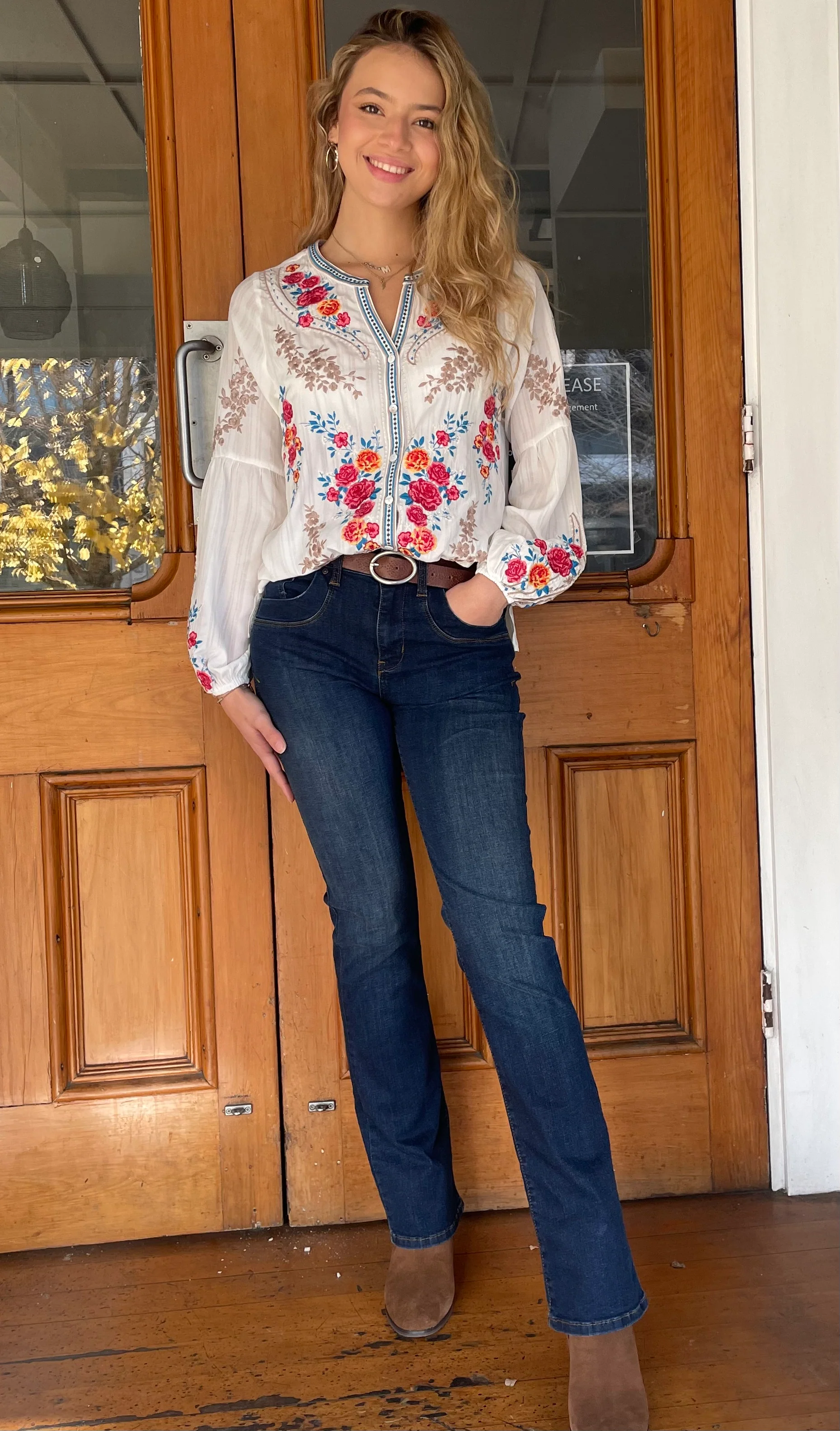 Largo Embroidered Button Down Top Ivory