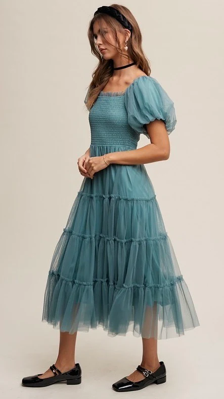 Penelope Tulle Puff Sleeve Dress Sage