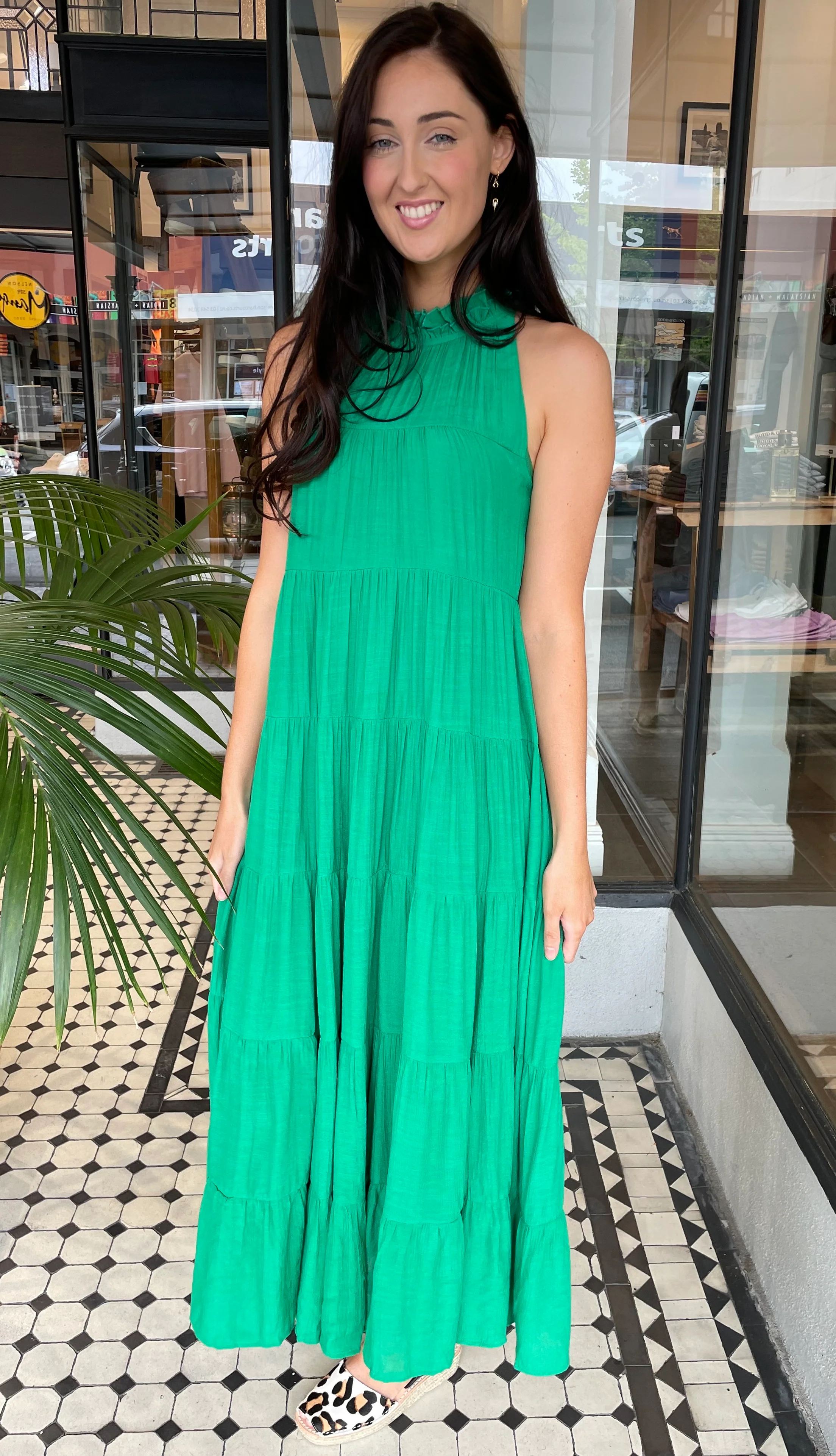 Juliette High Neck Tiered Maxi Dress Green (Restock in all sizes arriving Mid Sept 23)