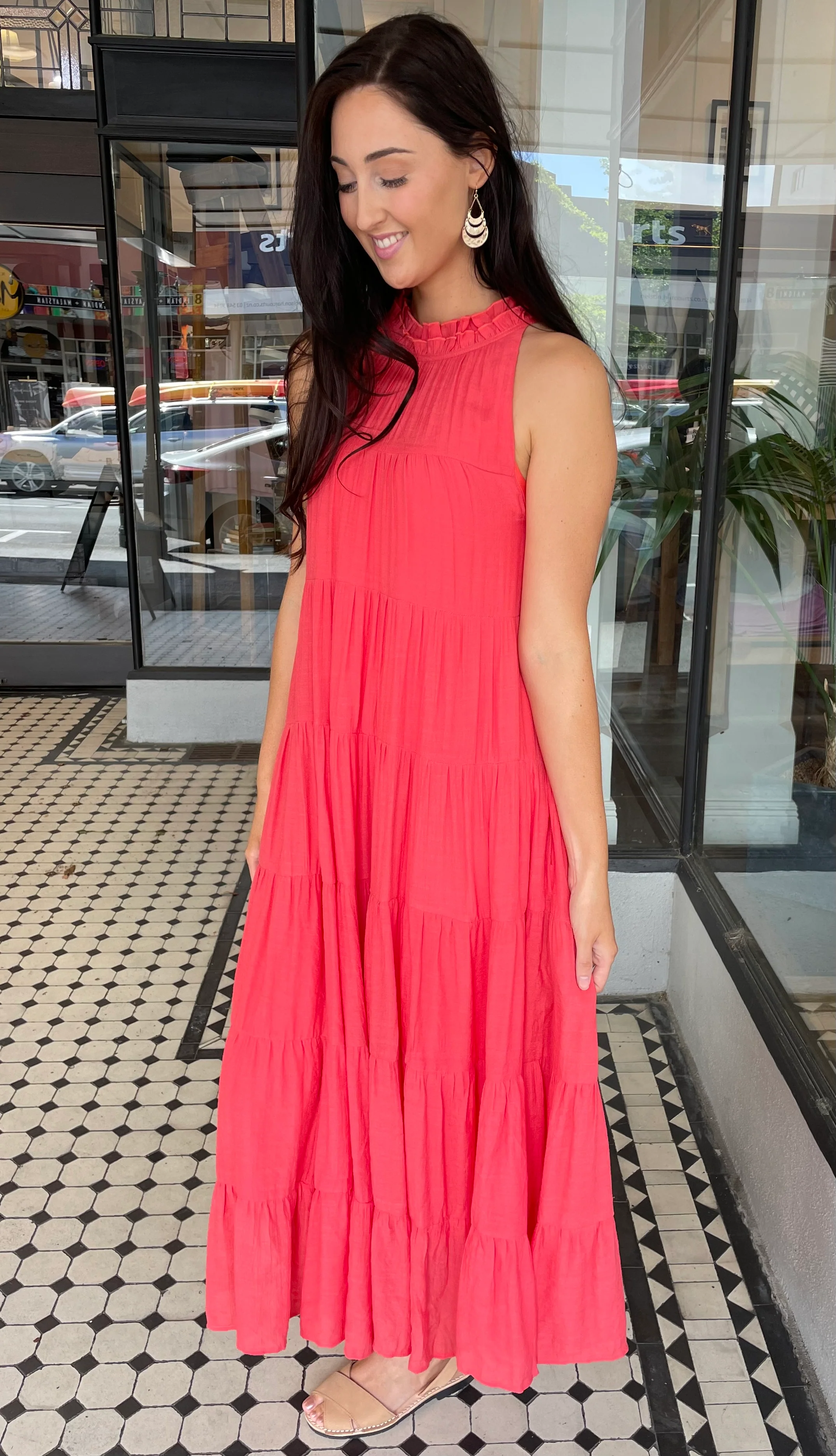 Juliette High Neck Tiered Maxi Dress Coral