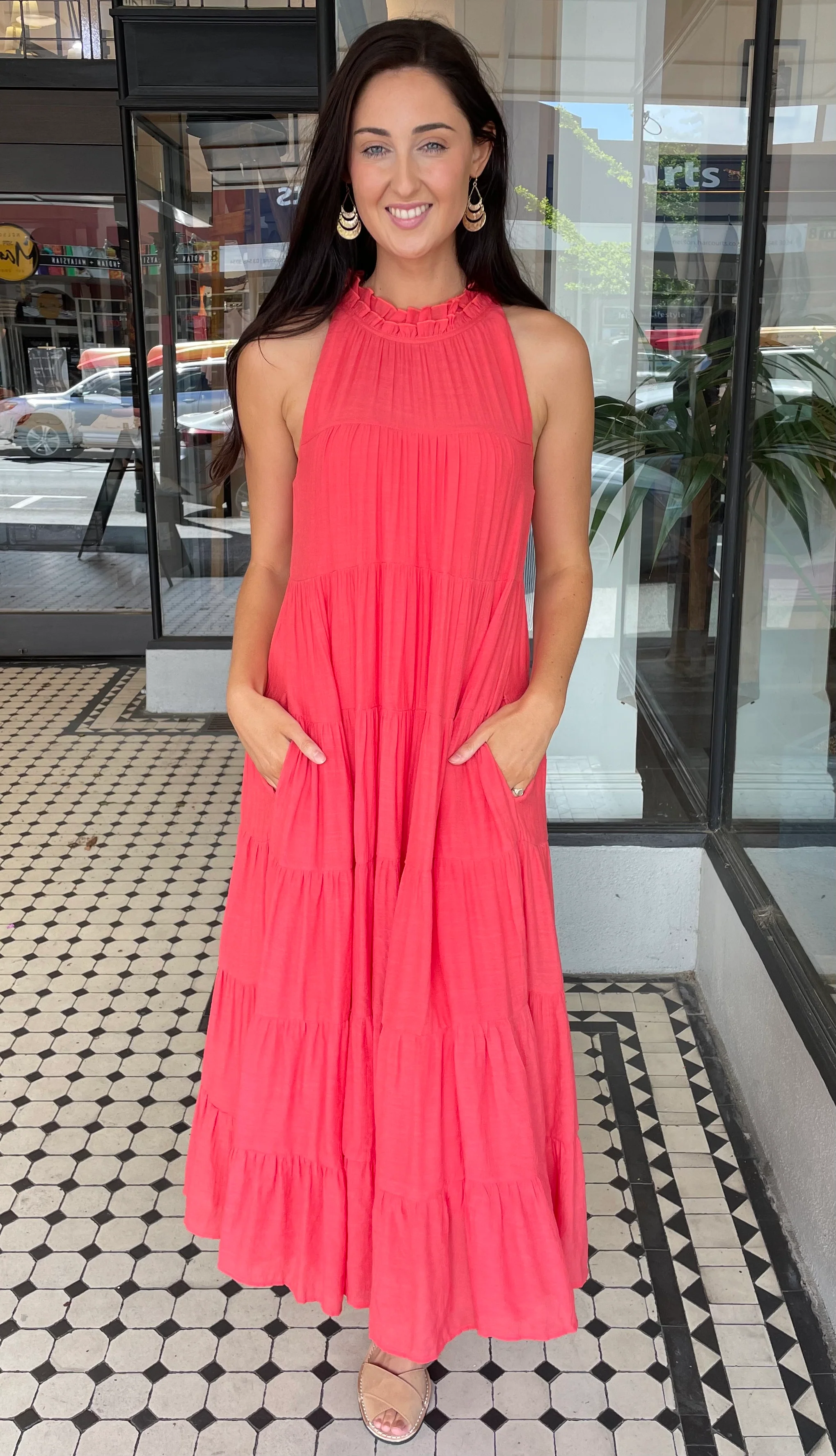 Juliette High Neck Tiered Maxi Dress Coral